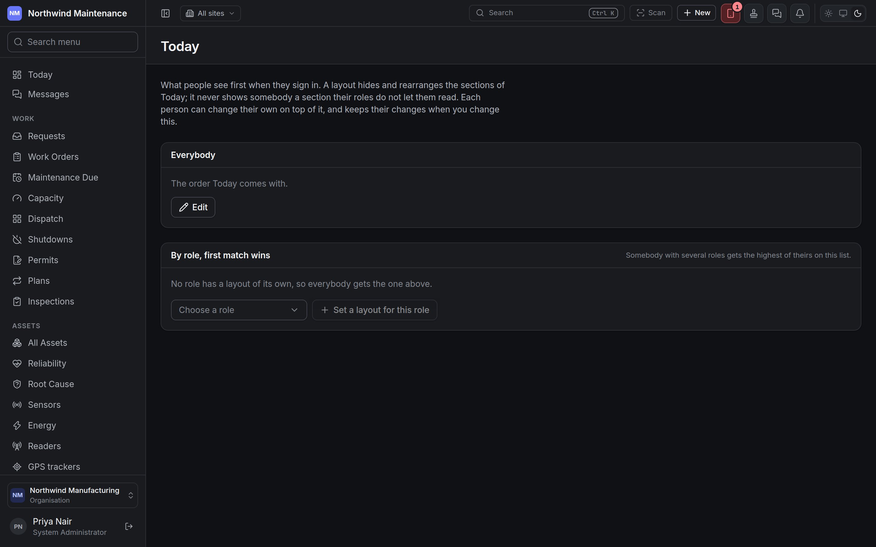 The Today layouts screen with the layout for everybody and the list of role layouts