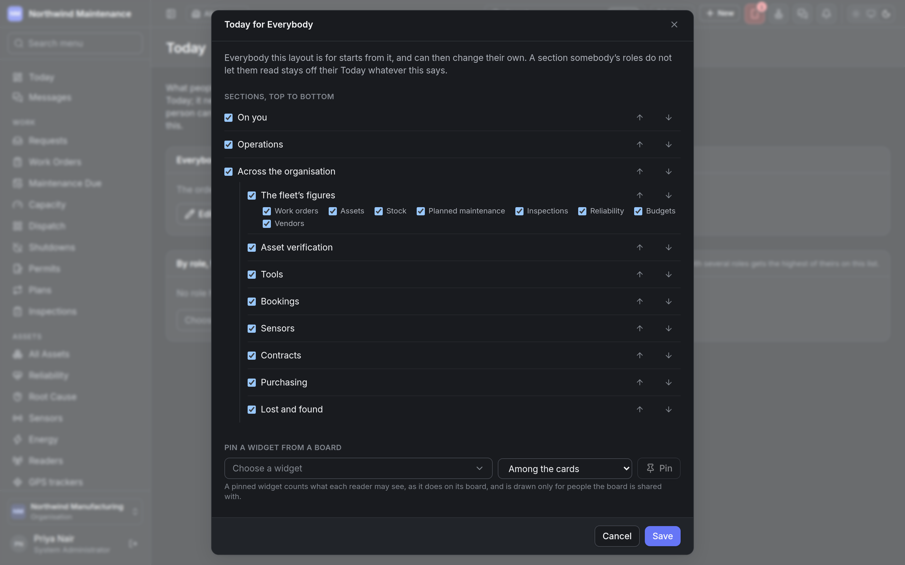 The Today for Everybody editor with the sections, the widget pinning and the numbers