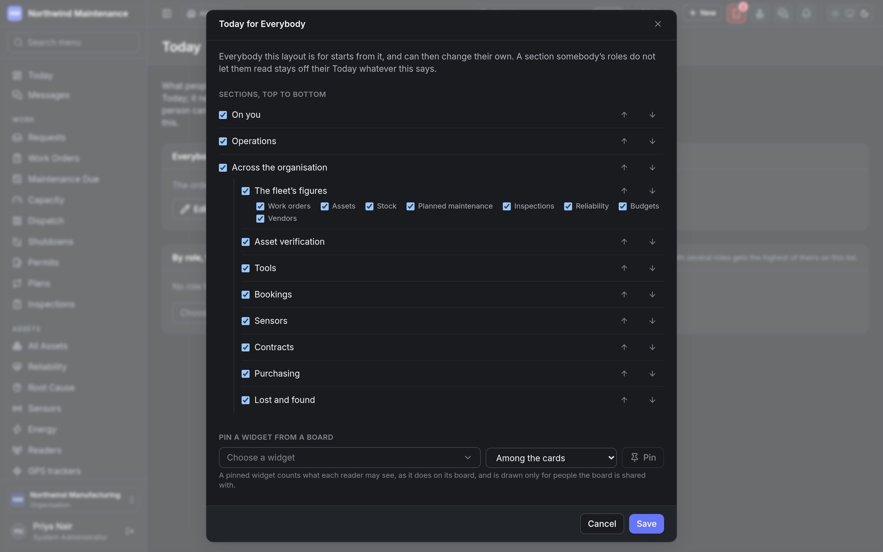 The Today for Everybody editor with the sections, the widget pinning and the numbers
