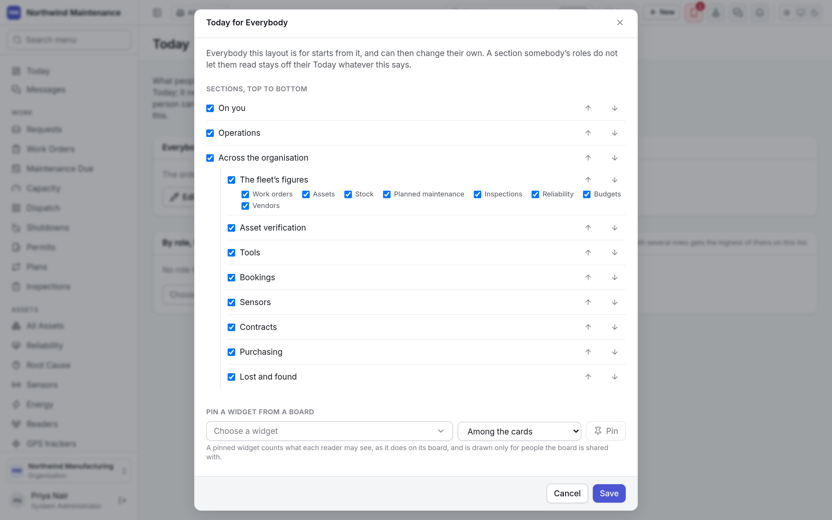 The Today for Everybody editor with the sections, the widget pinning and the numbers