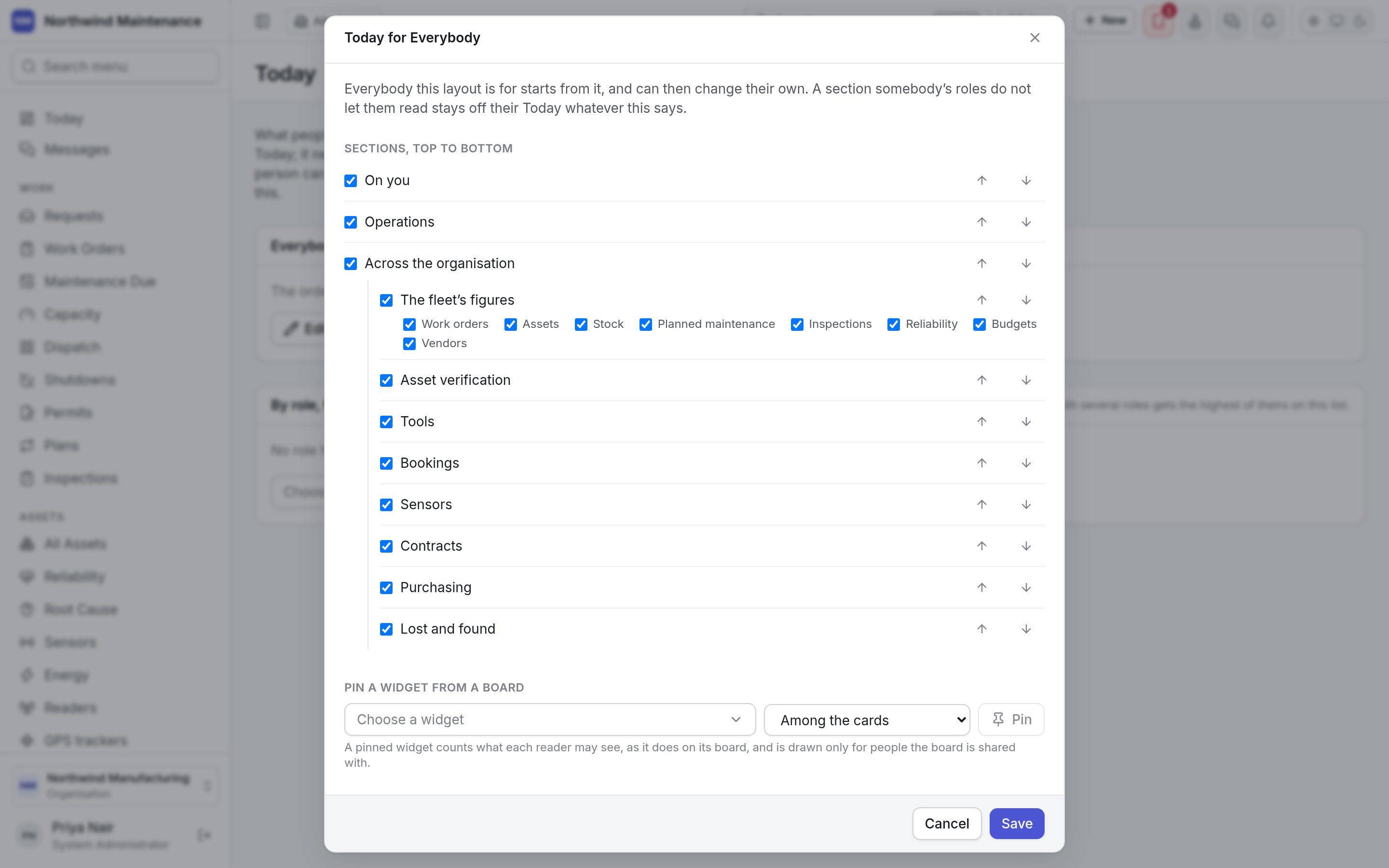 The Today for Everybody editor with the sections, the widget pinning and the numbers
