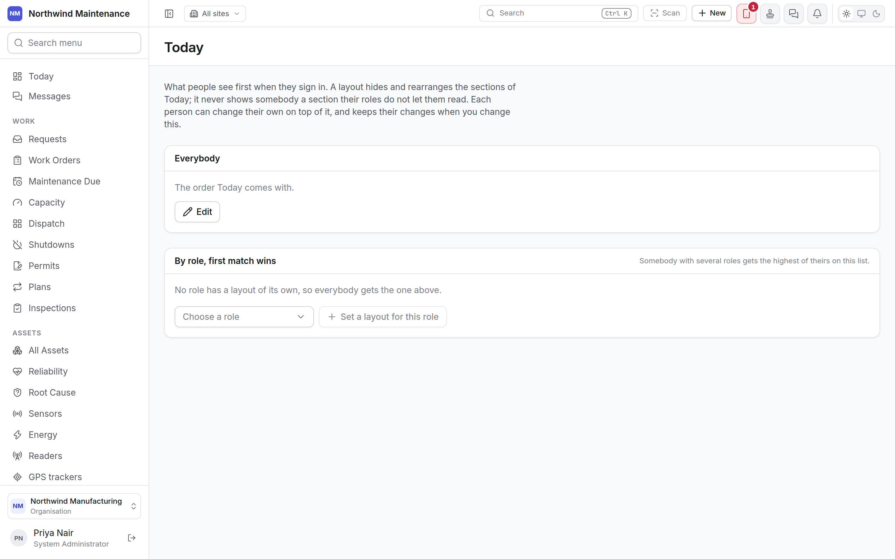 The Today layouts screen with the layout for everybody and the list of role layouts