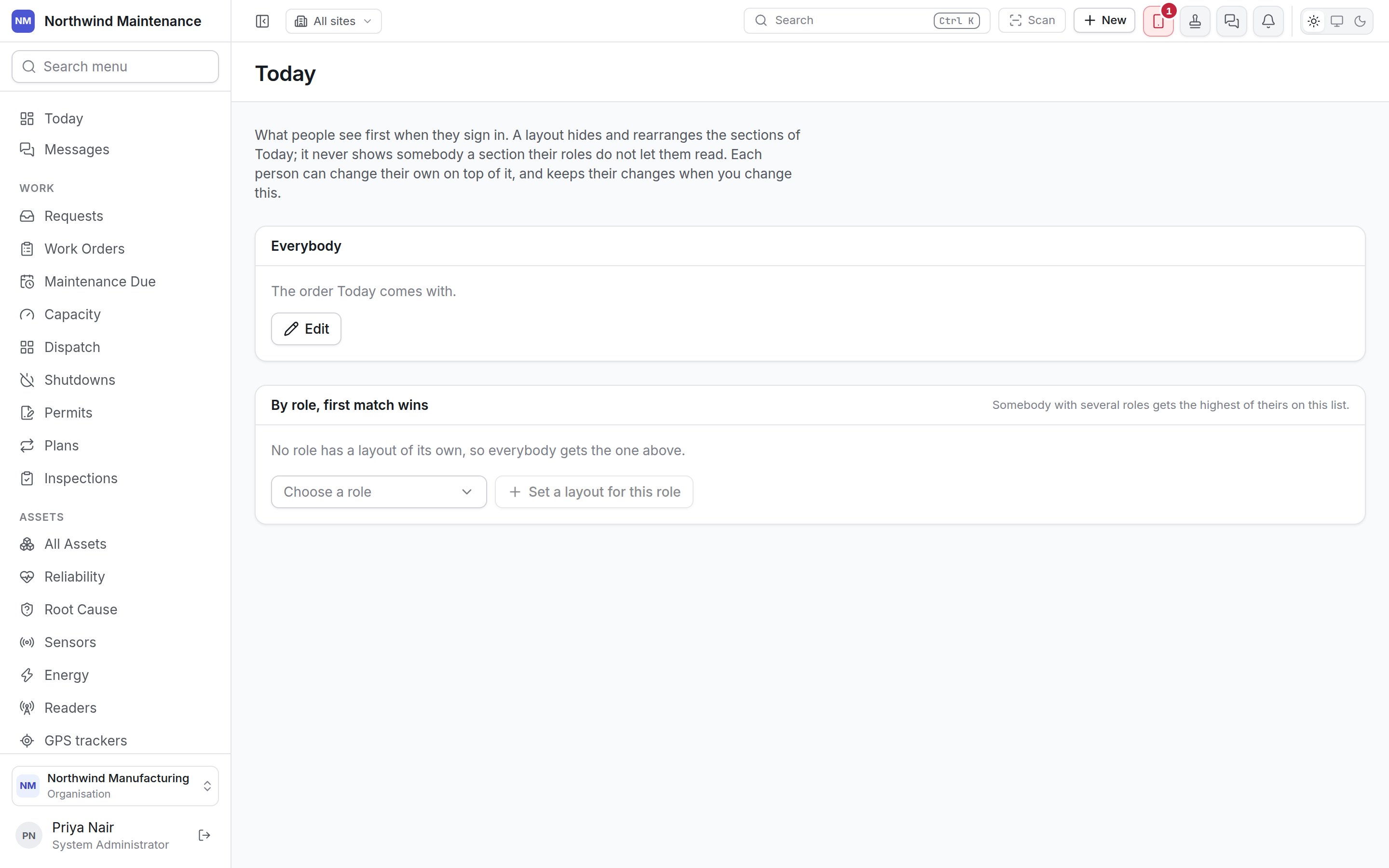 The Today layouts screen with the layout for everybody and the list of role layouts