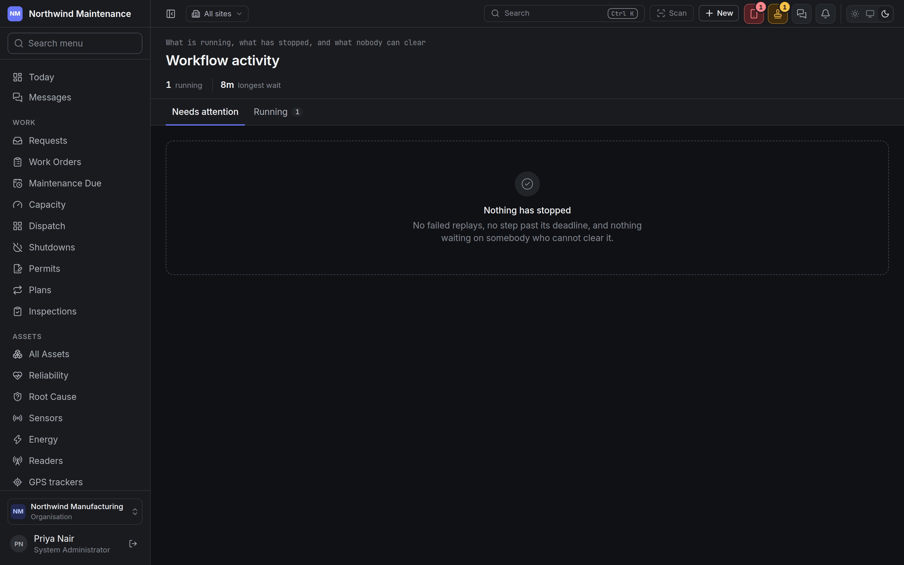 The workflow activity screen with the Needs attention tab