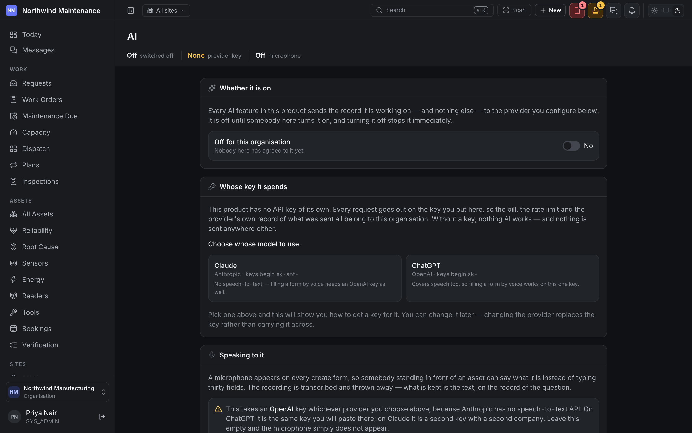 The AI settings screen