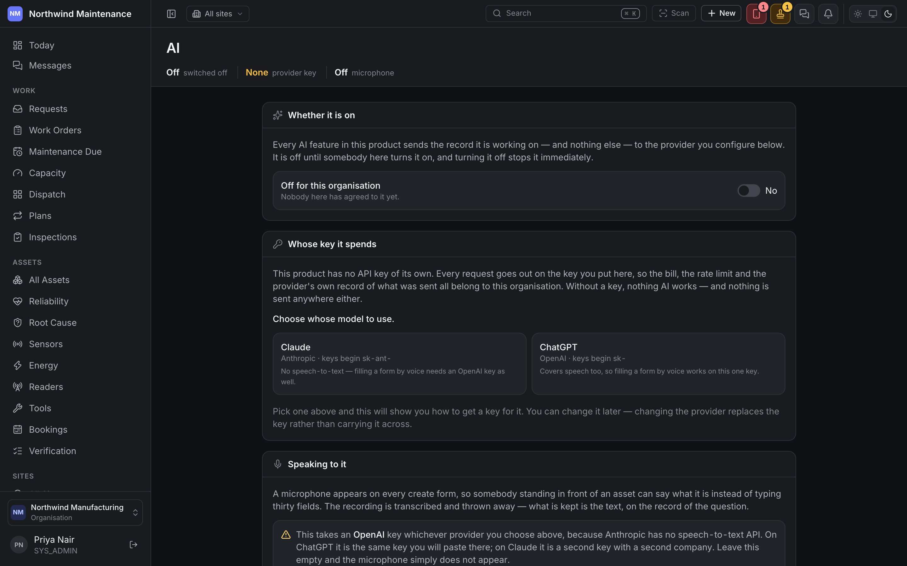 The AI settings screen