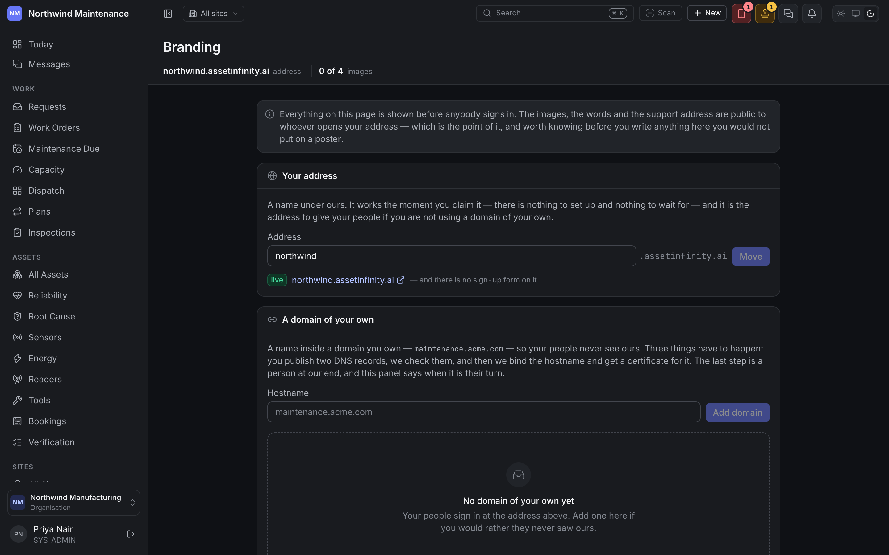 The branding settings screen