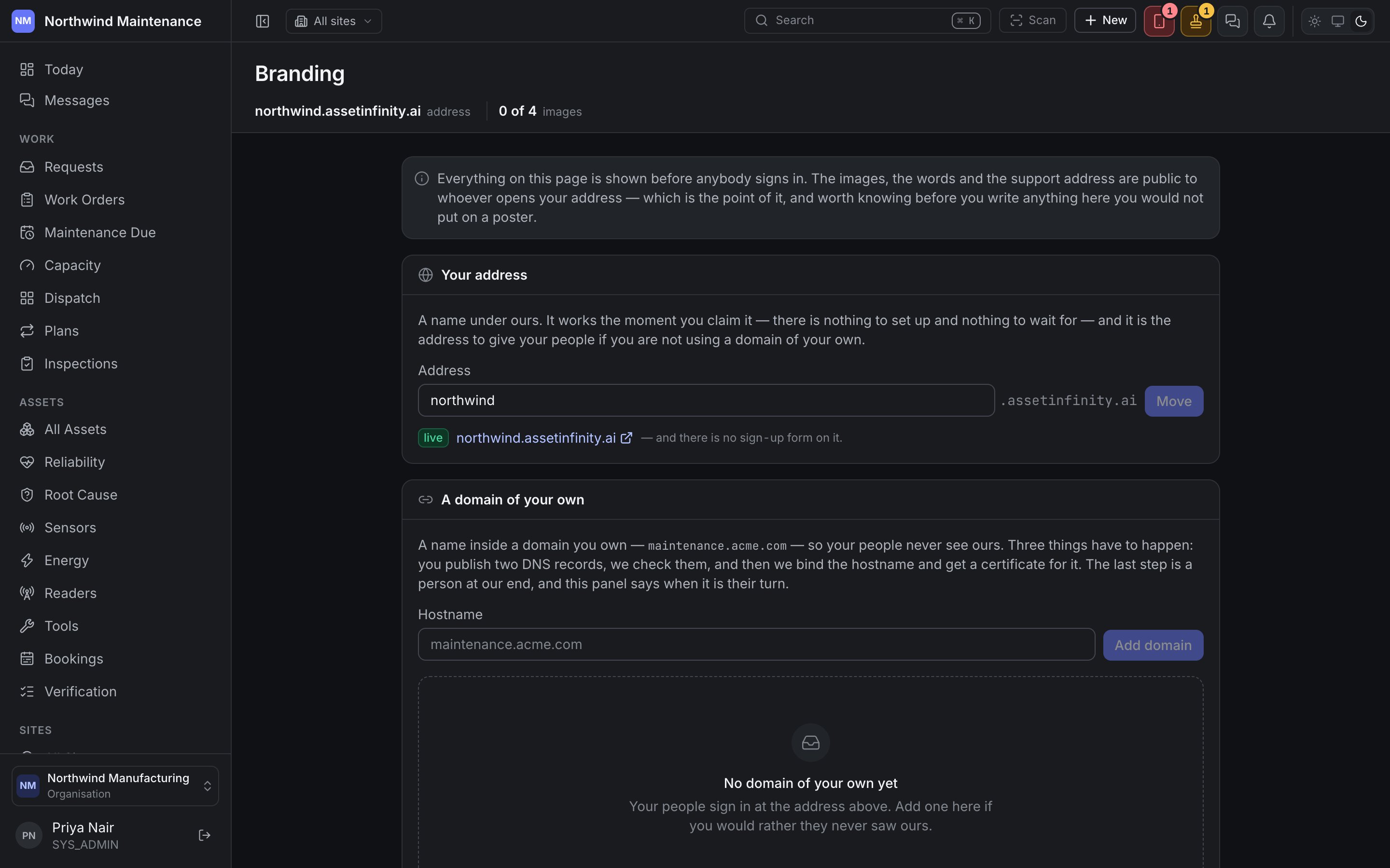 The branding settings screen