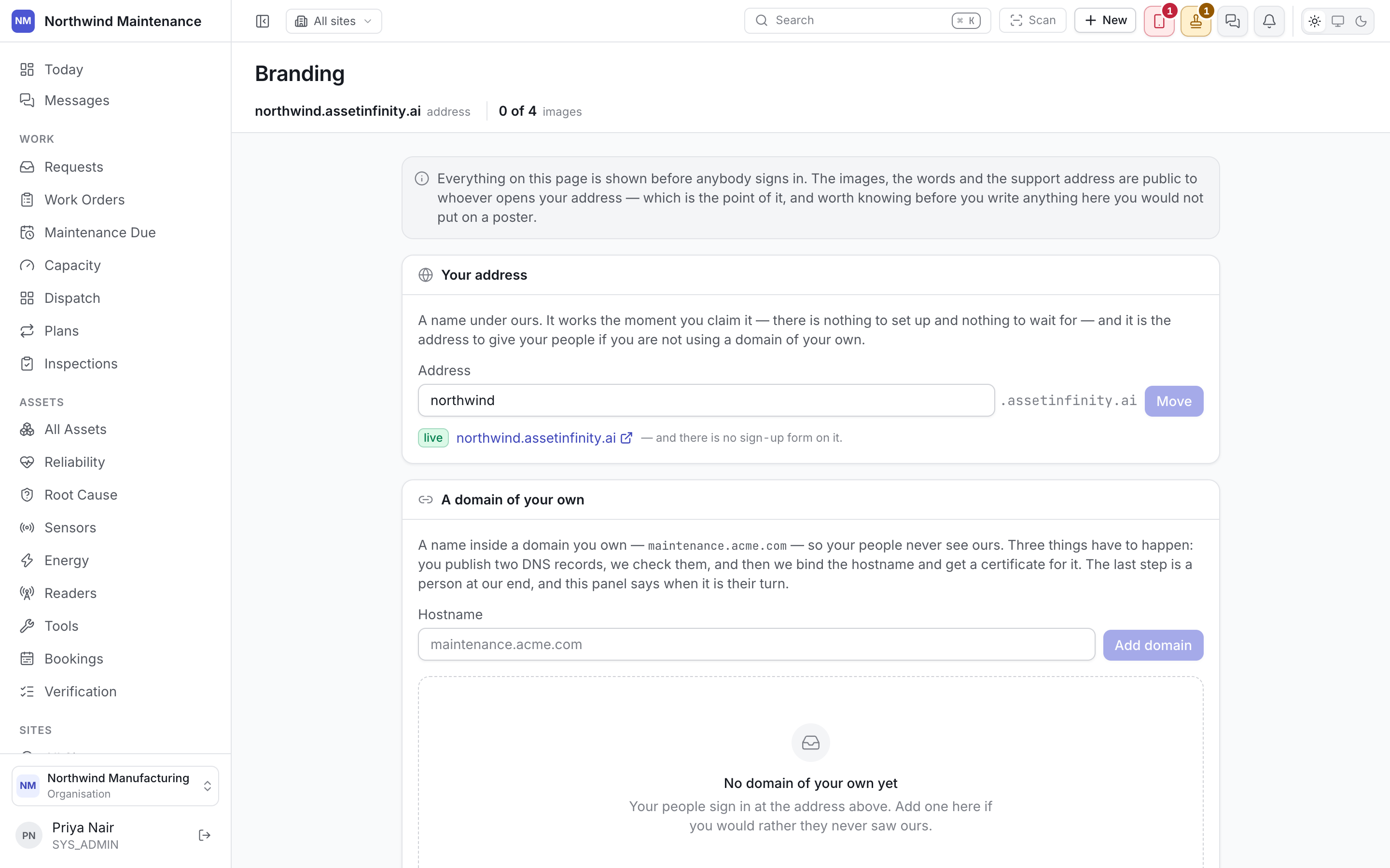 The branding settings screen