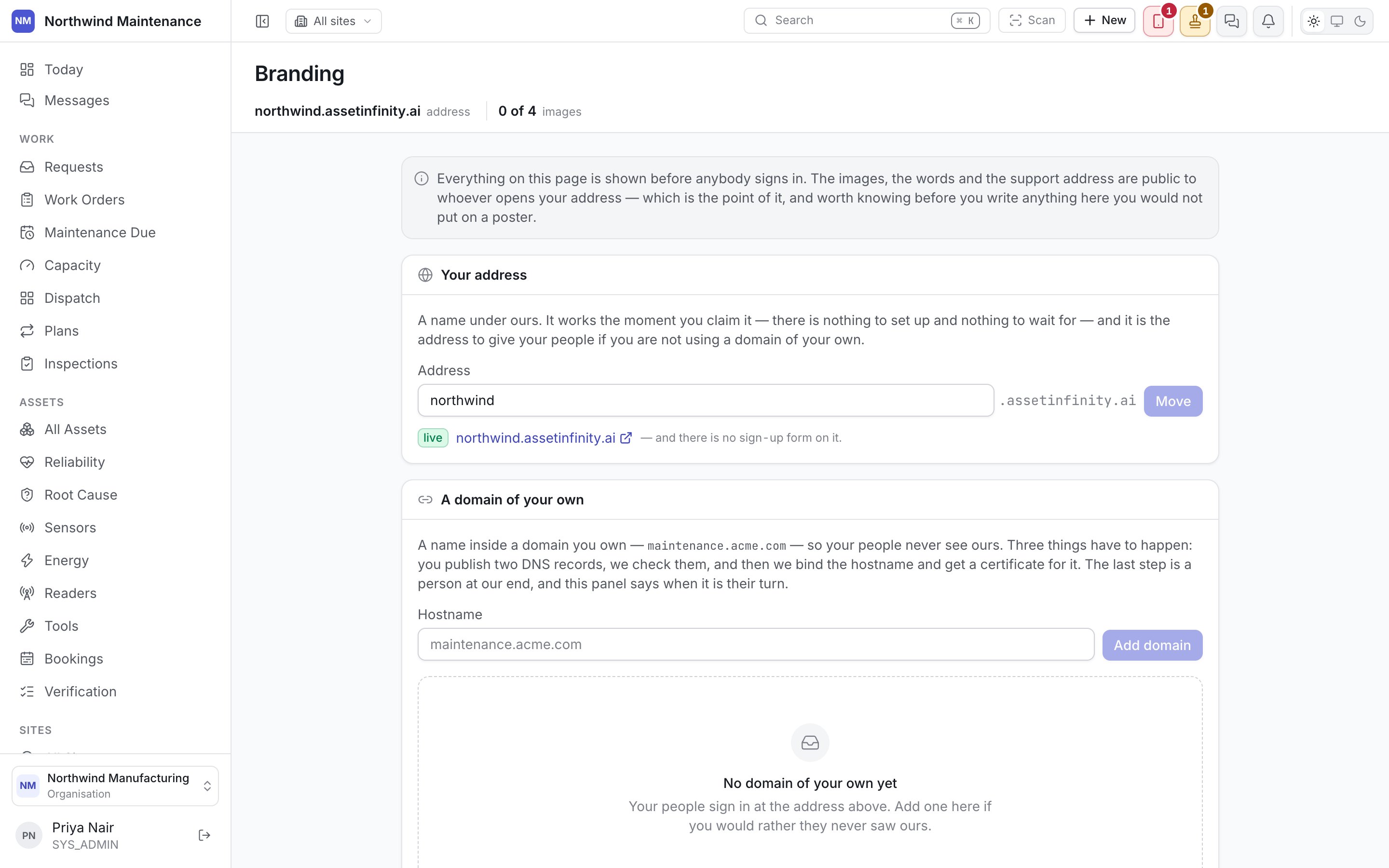 The branding settings screen