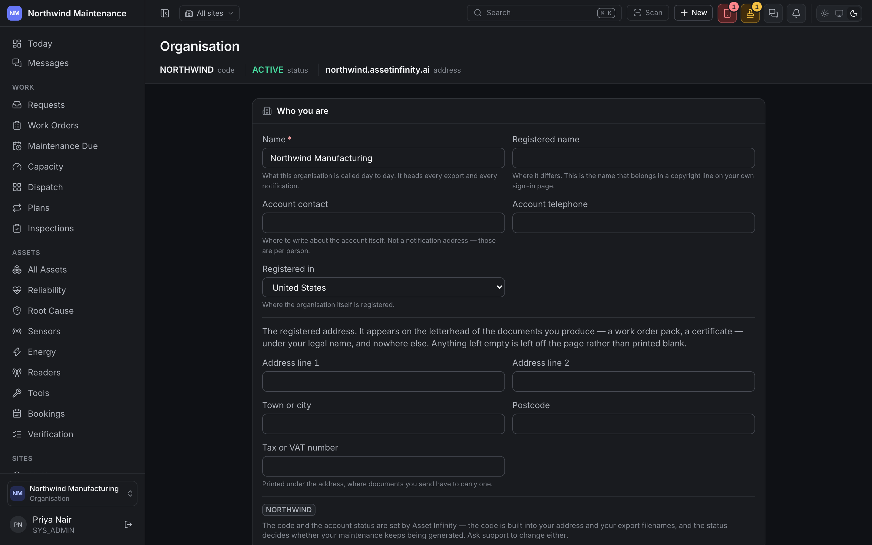 The organisation settings screen