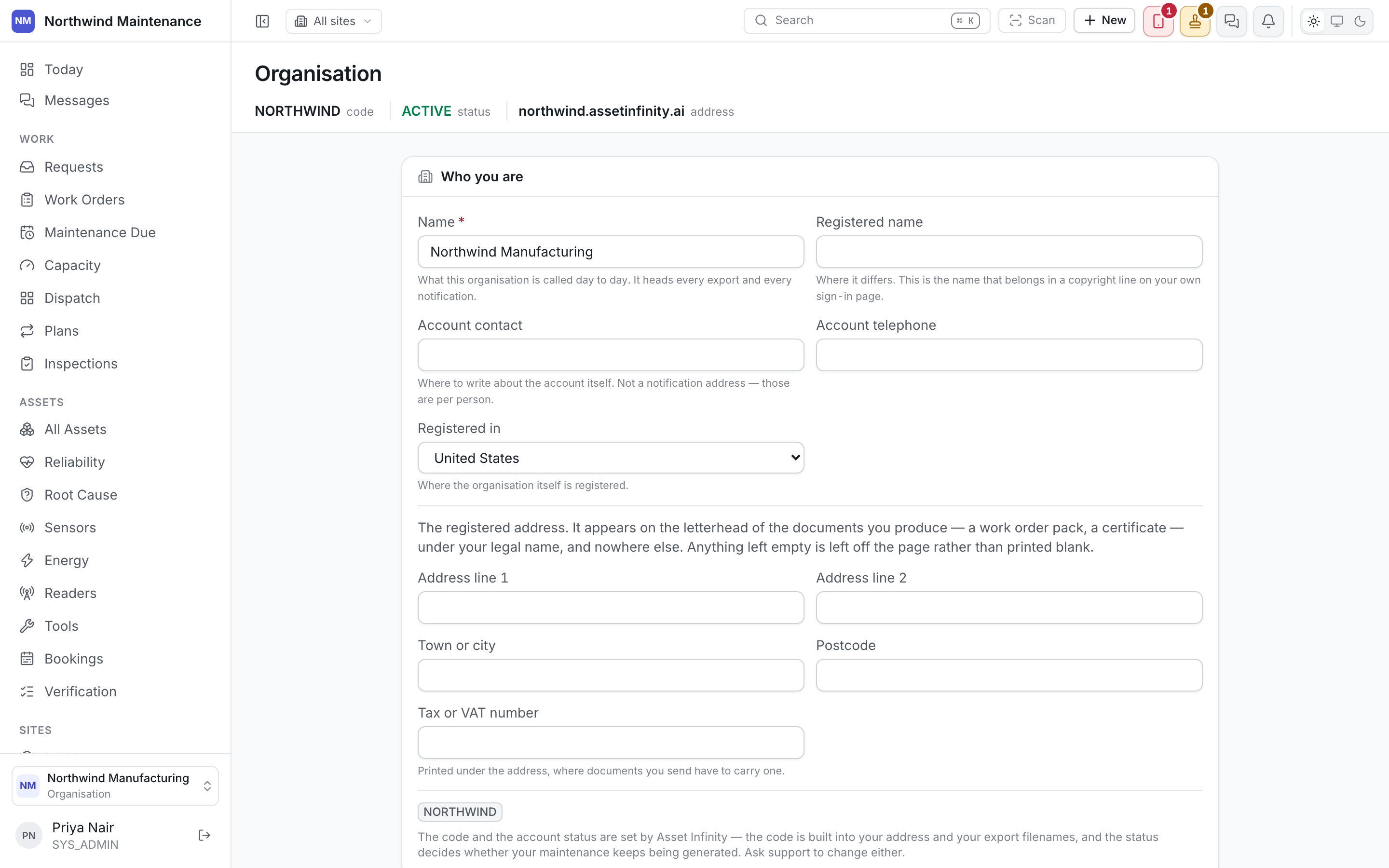 The organisation settings screen