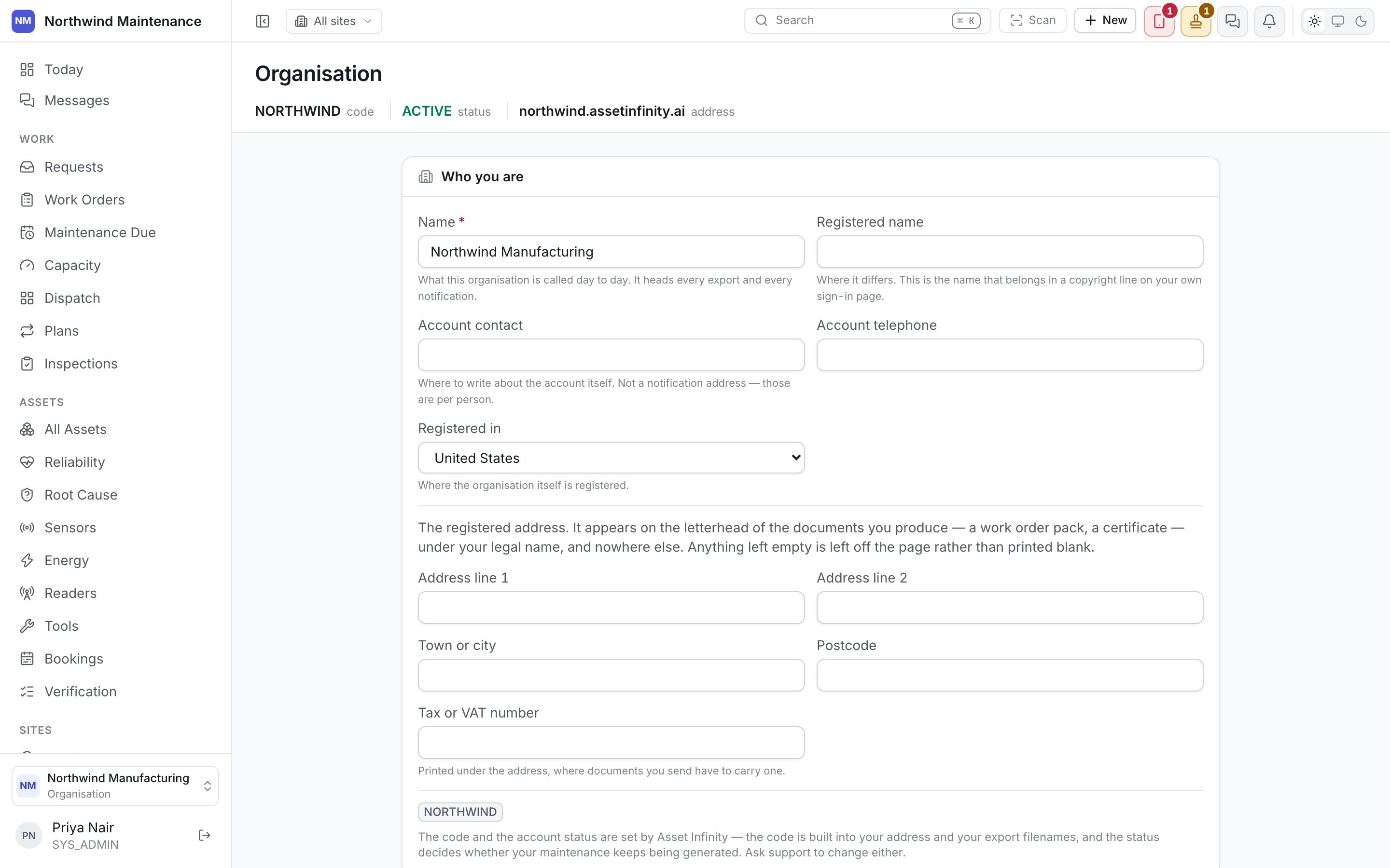 The organisation settings screen