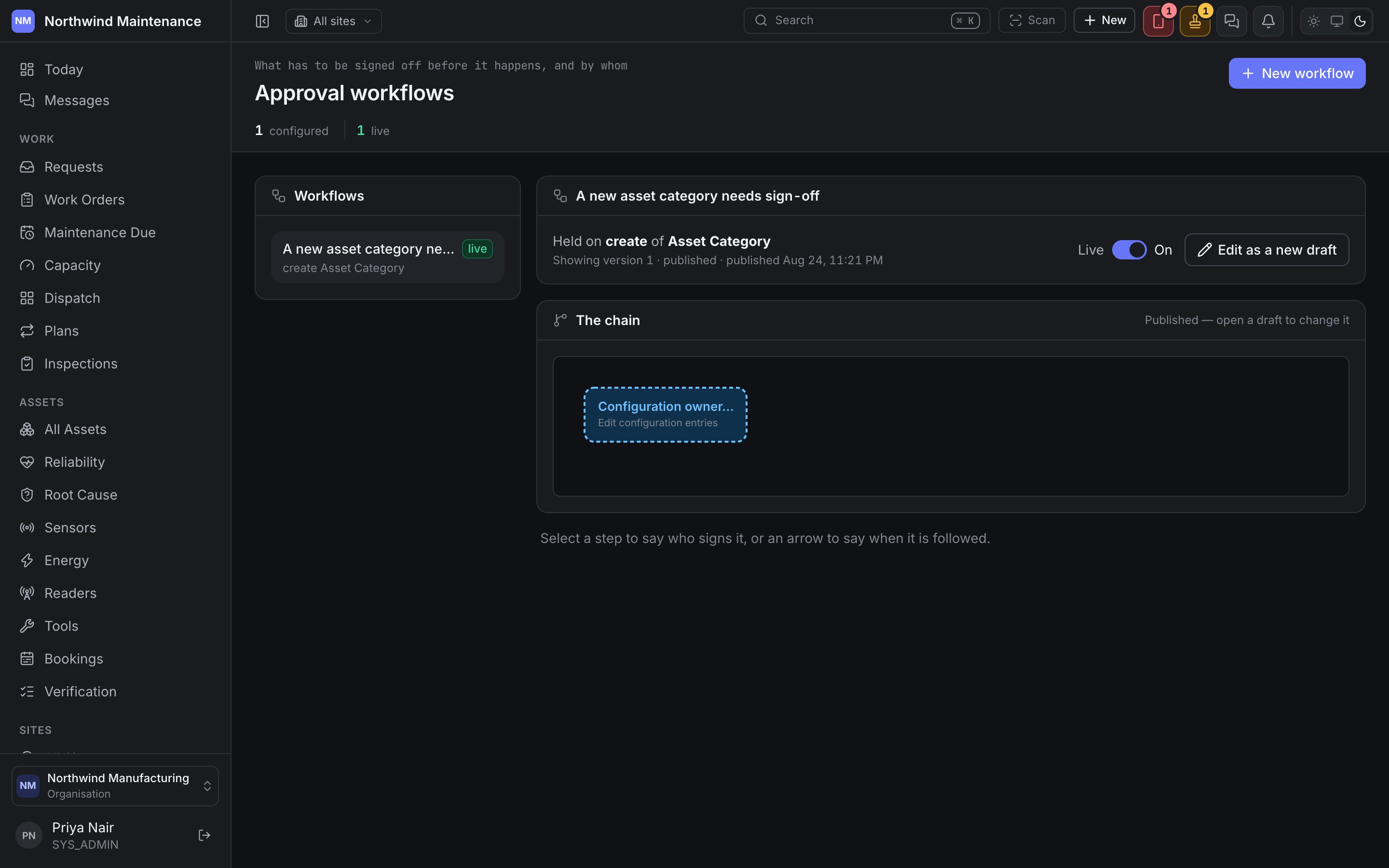 The approval workflows screen