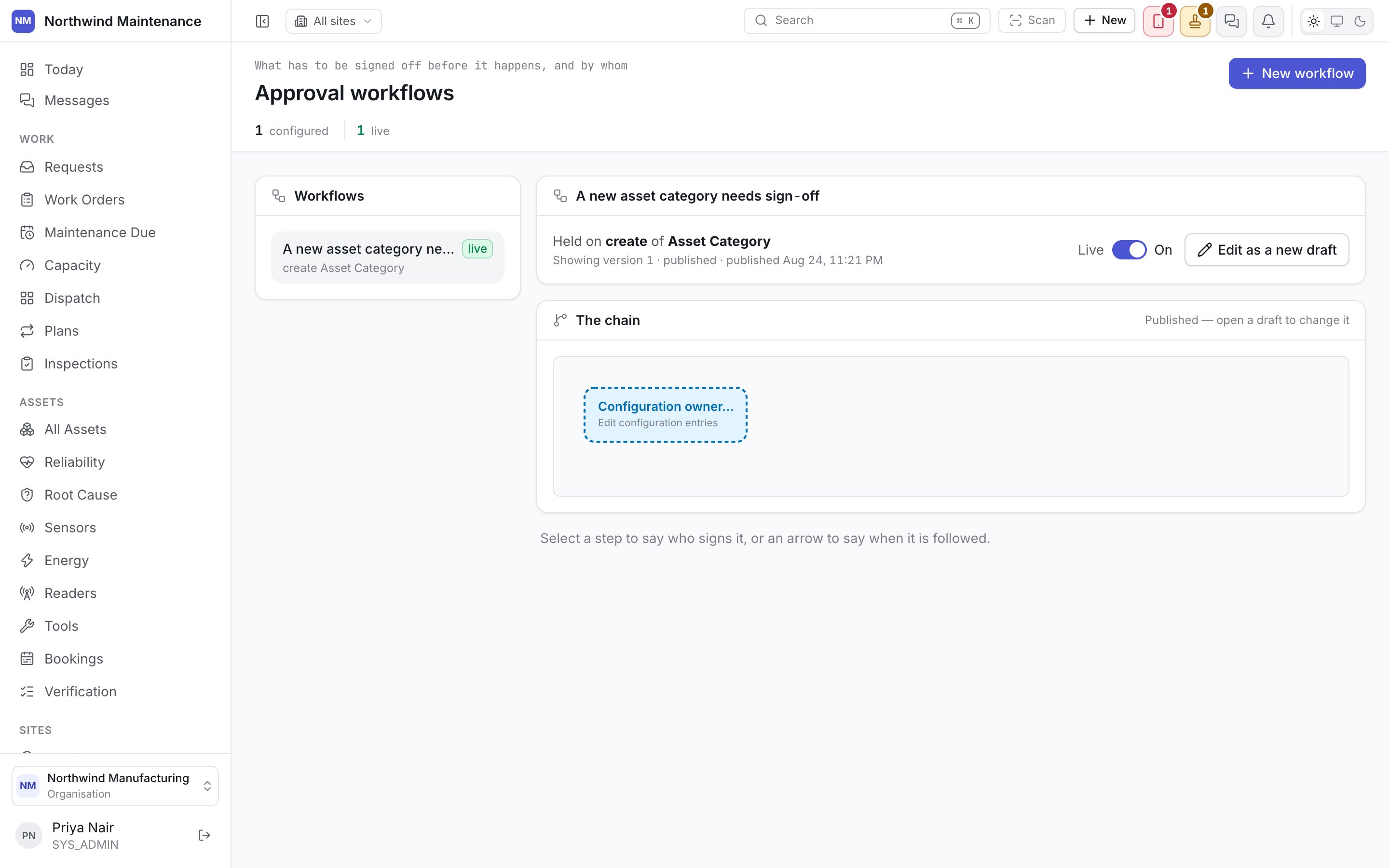 The approval workflows screen
