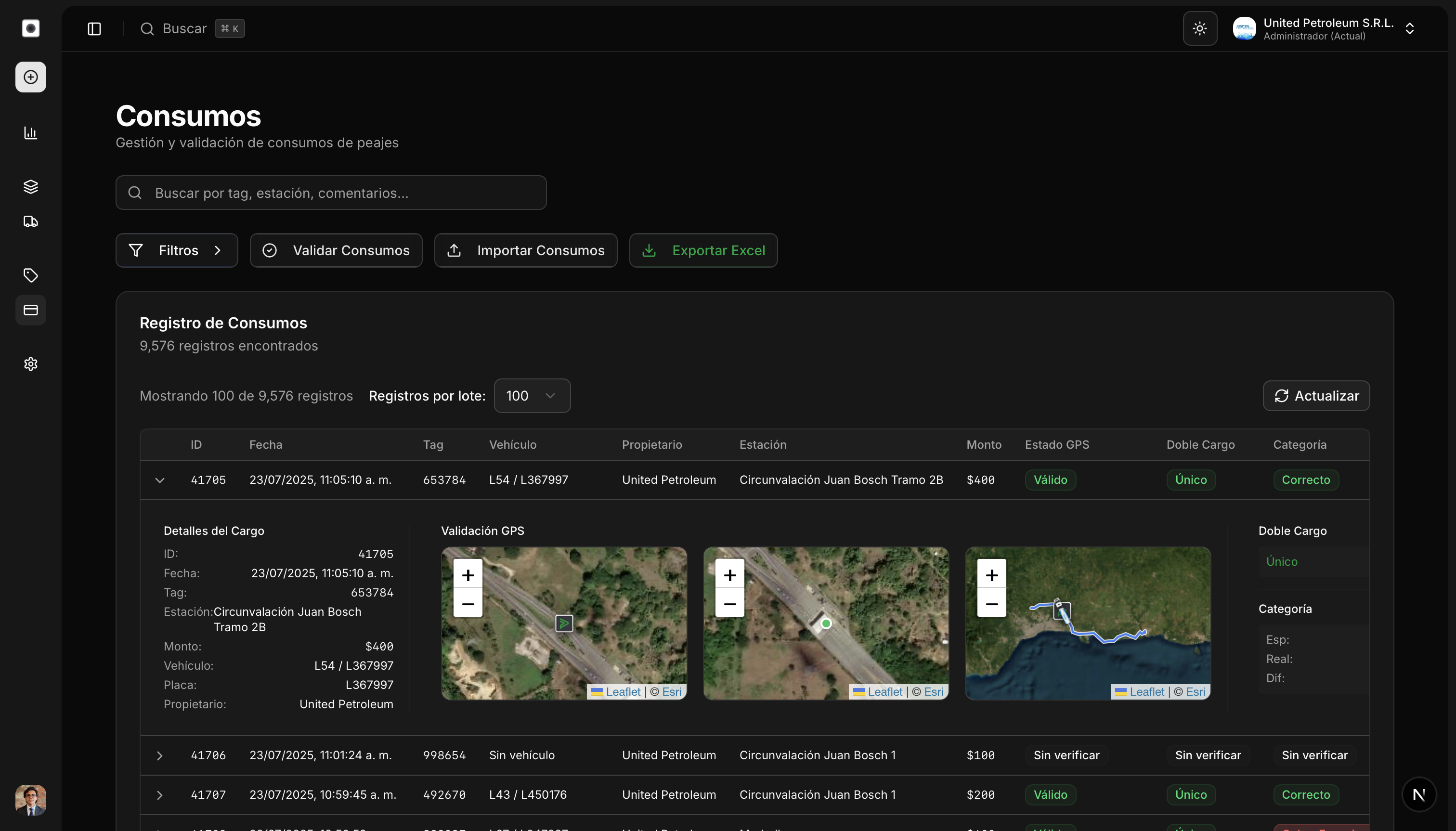 Vista detallada de un cargo de peaje con validaciones