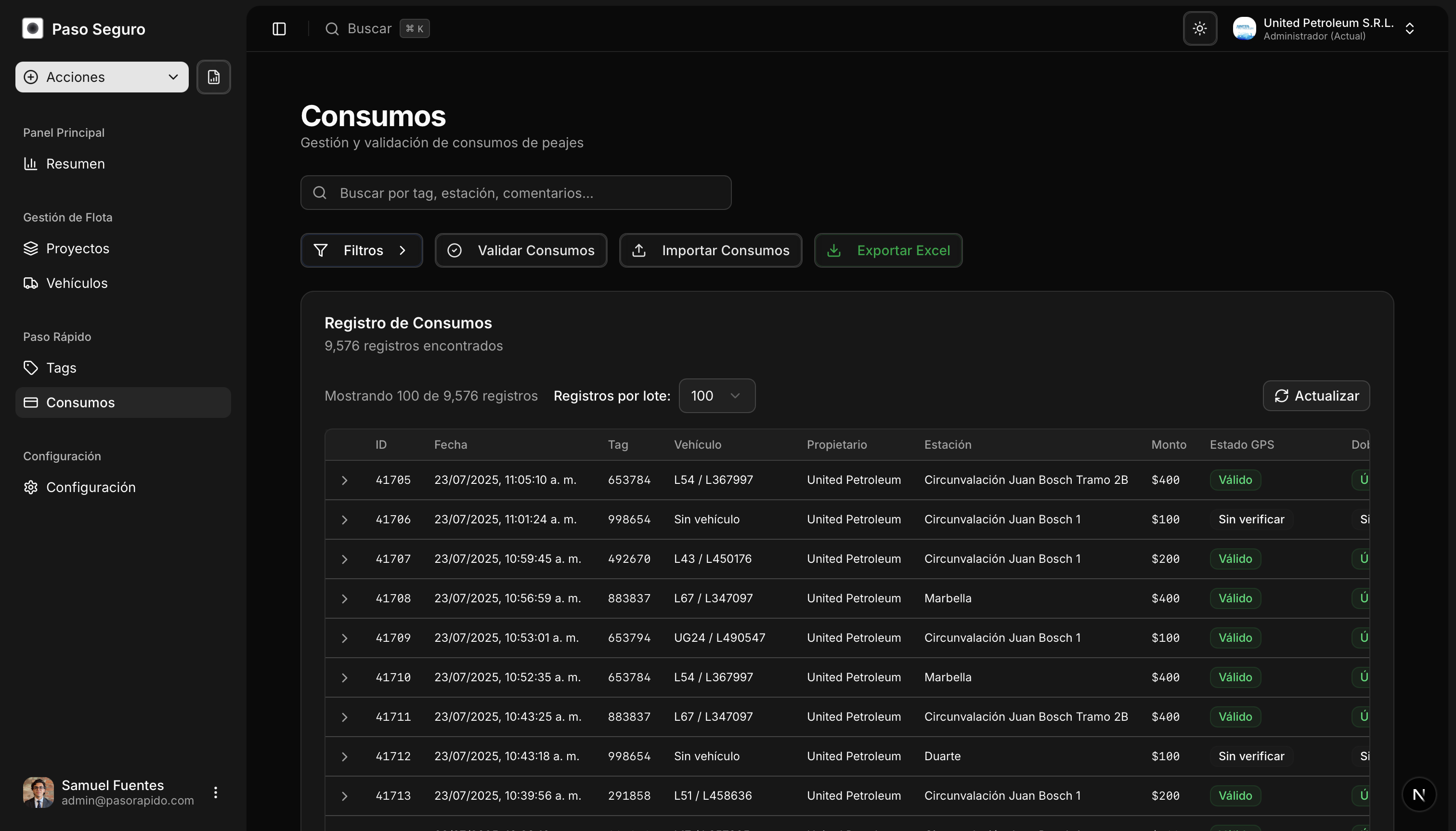 Vista principal de consumos de peaje