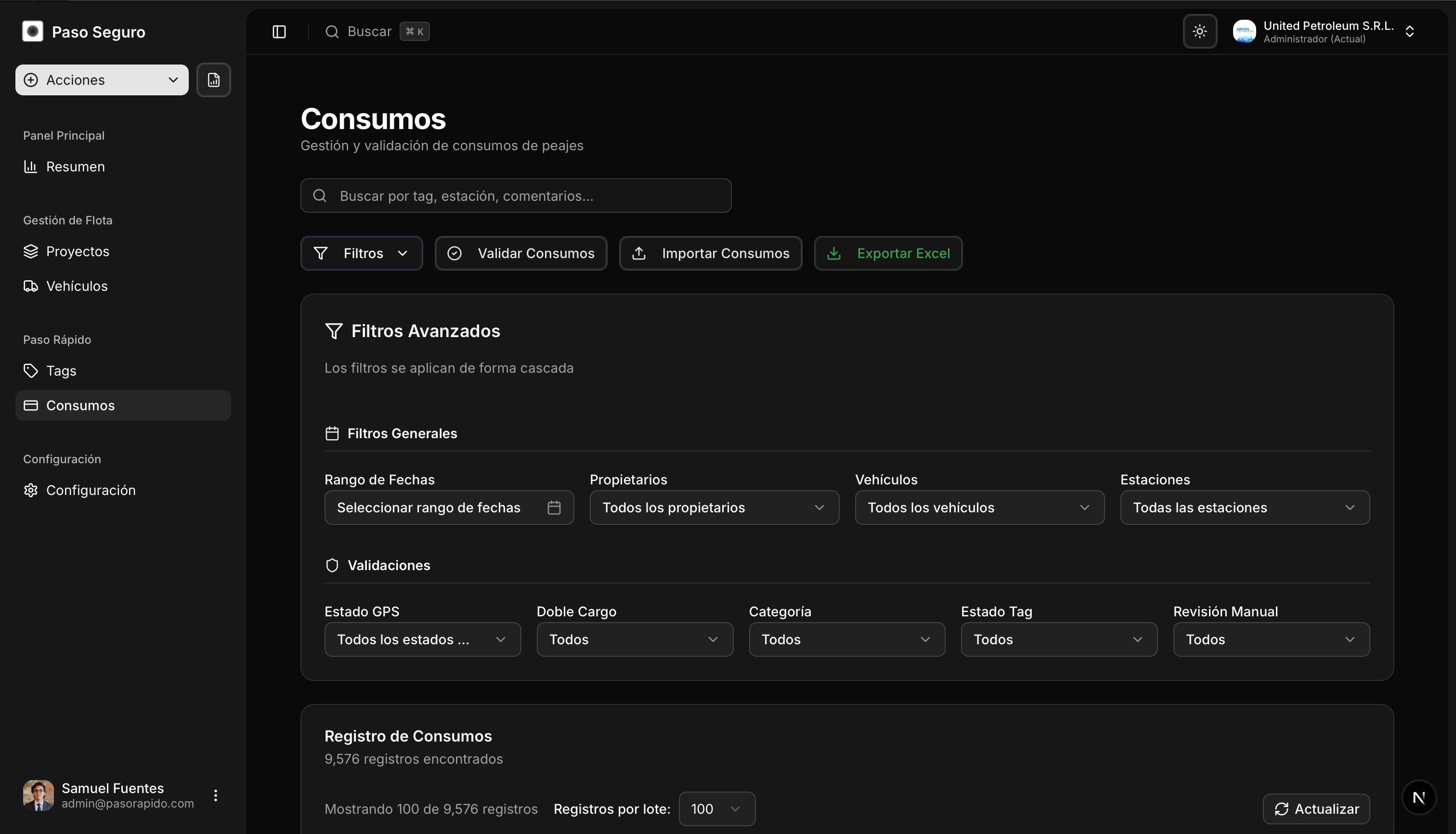 Panel de filtros avanzados