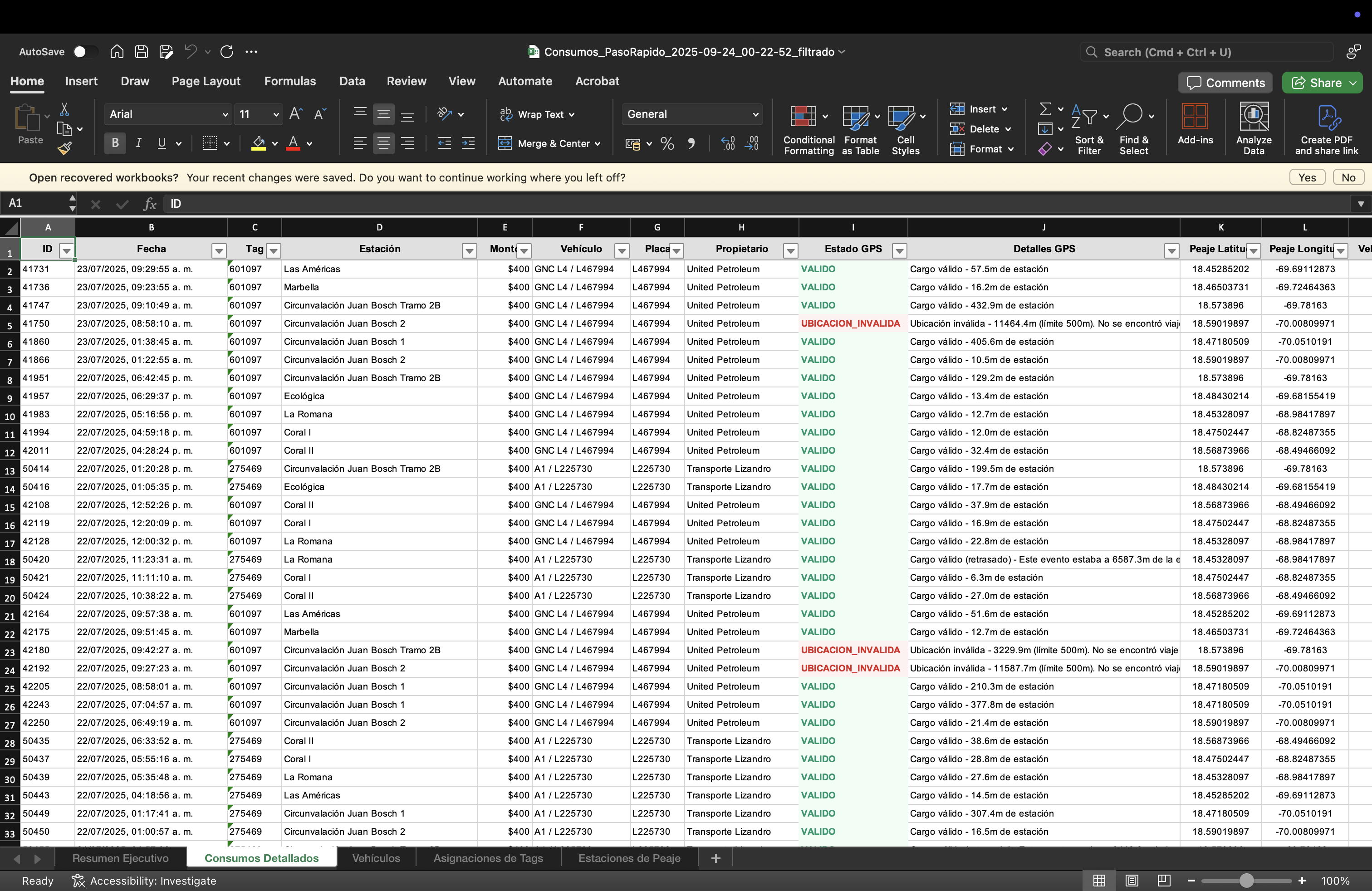 Hoja de consumos detallados en Excel