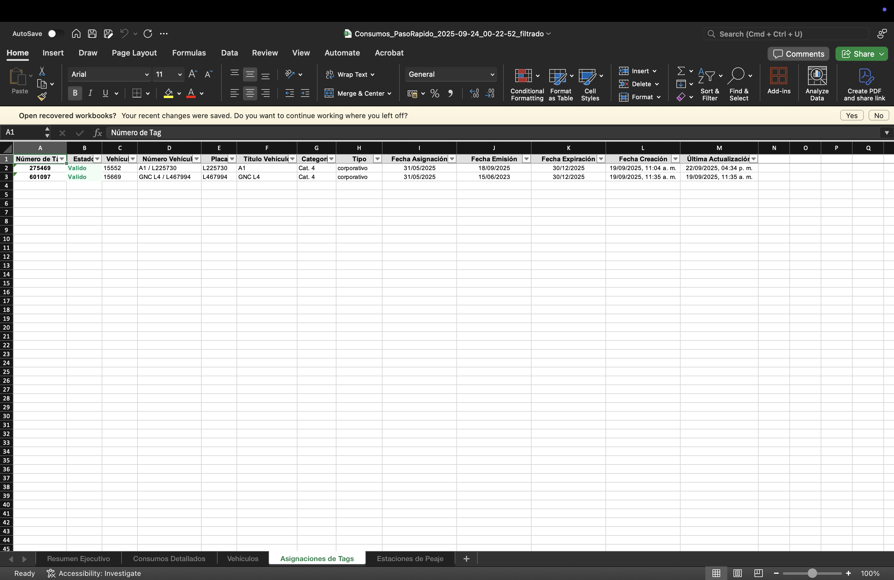 Hoja de asignaciones de tags
