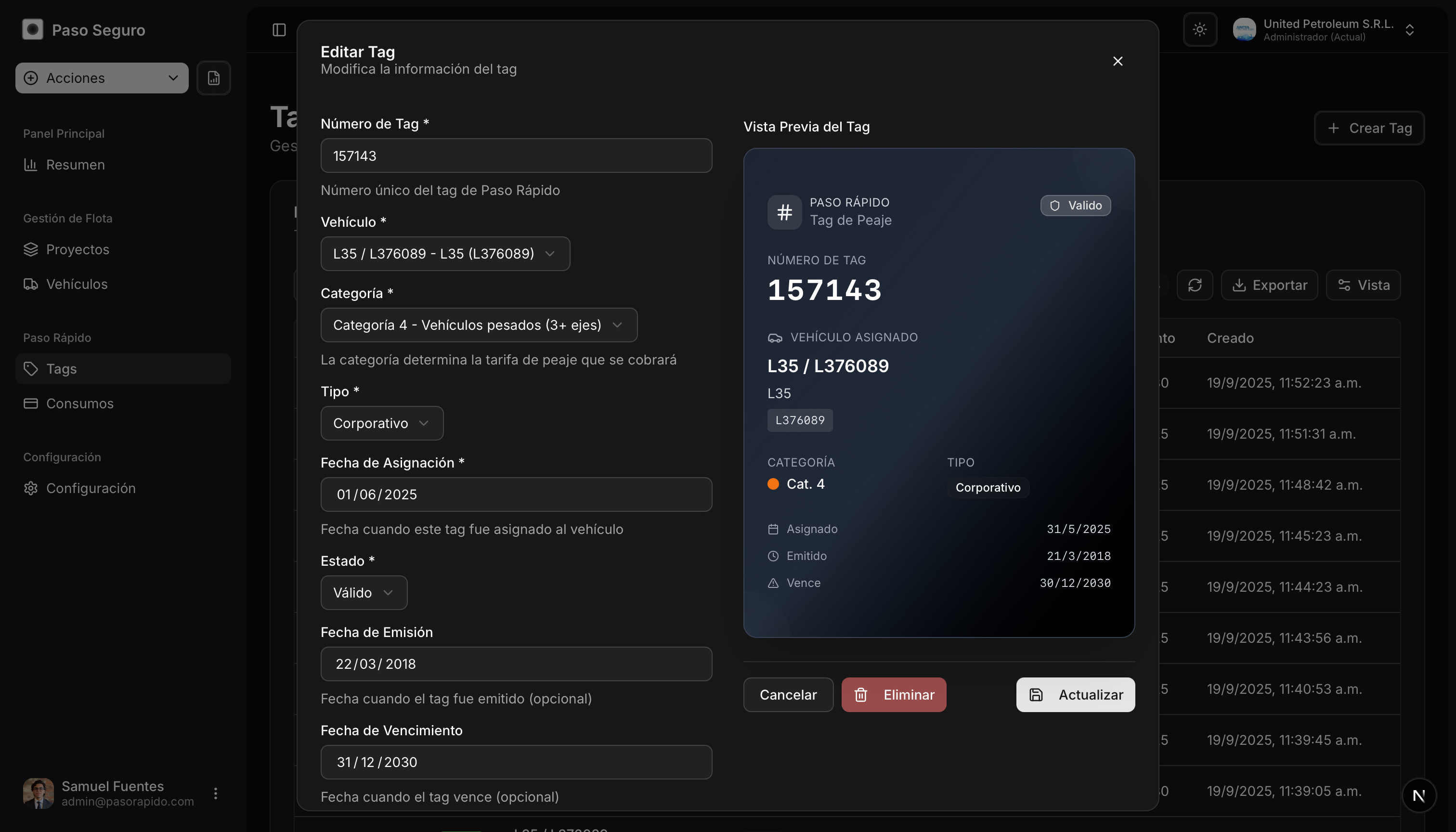 Detalle de asignación de tag con información completa
