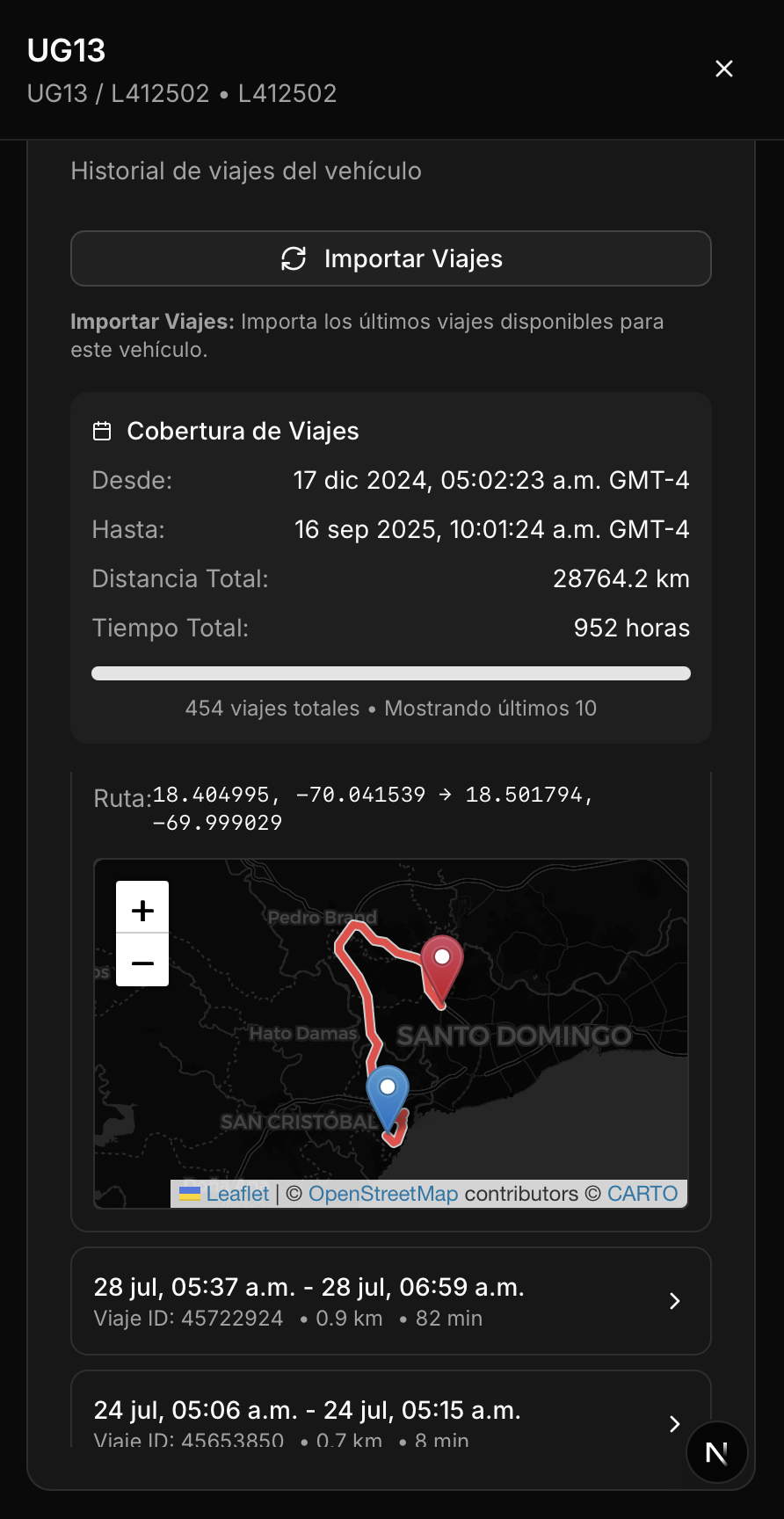 Vista de viajes y rutas en el sistema