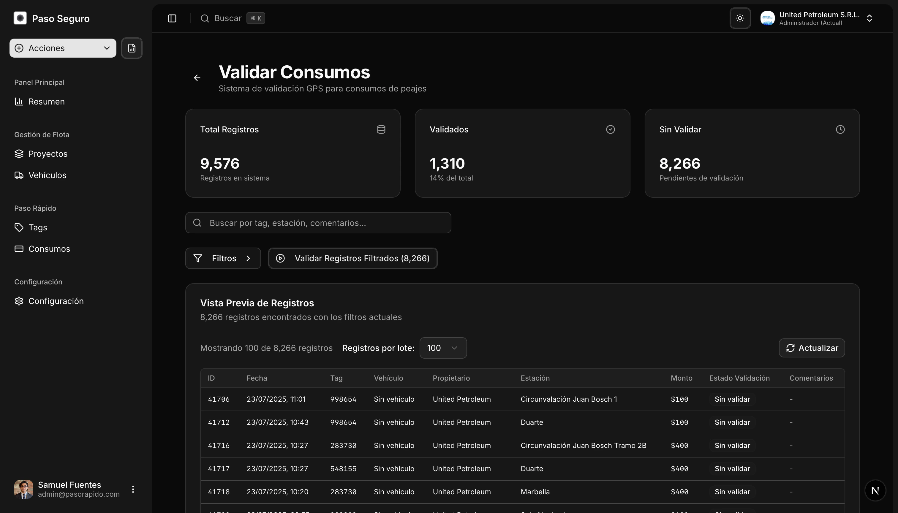 Diálogo de validación de consumos