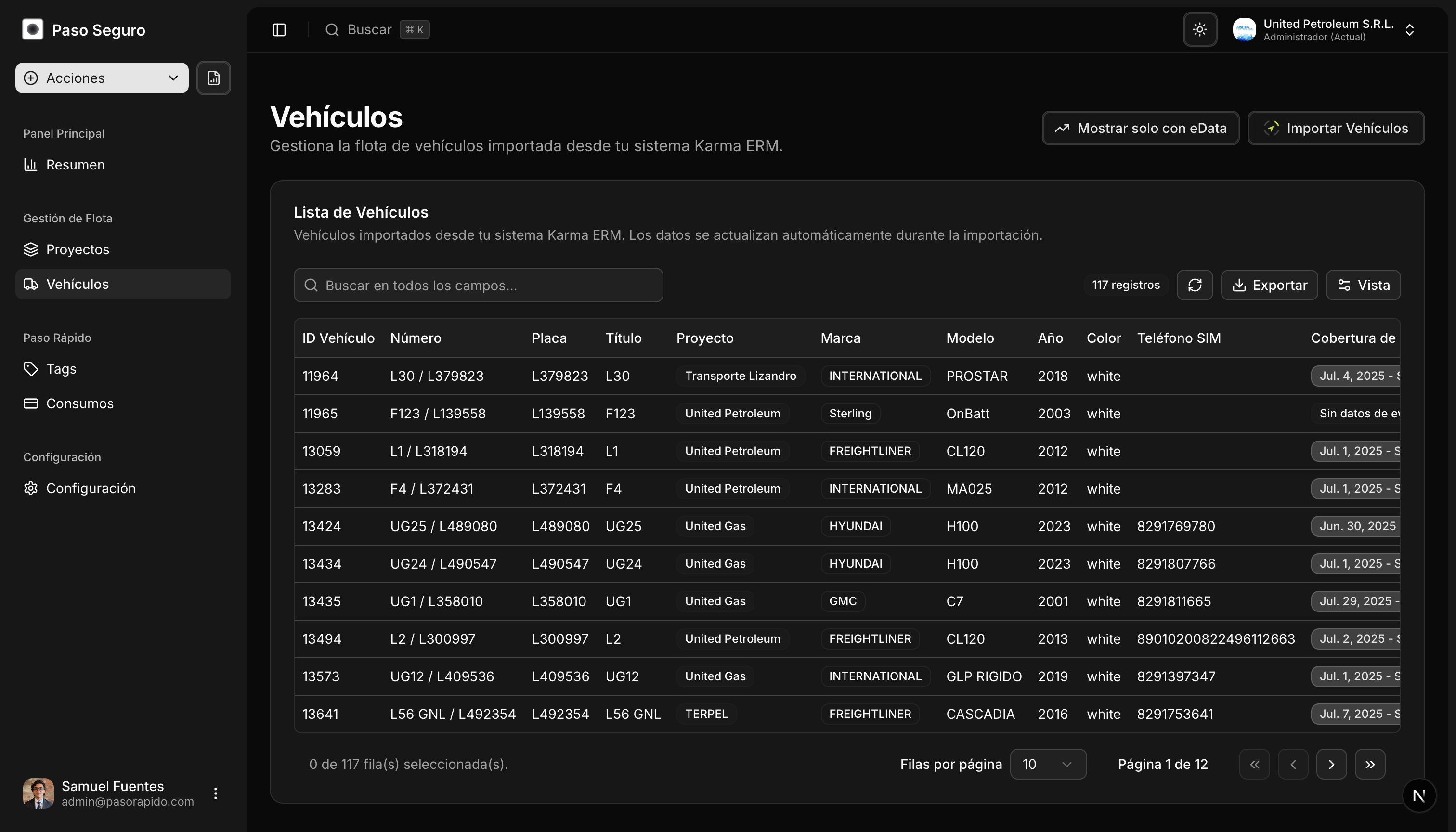 Lista de vehículos en el sistema