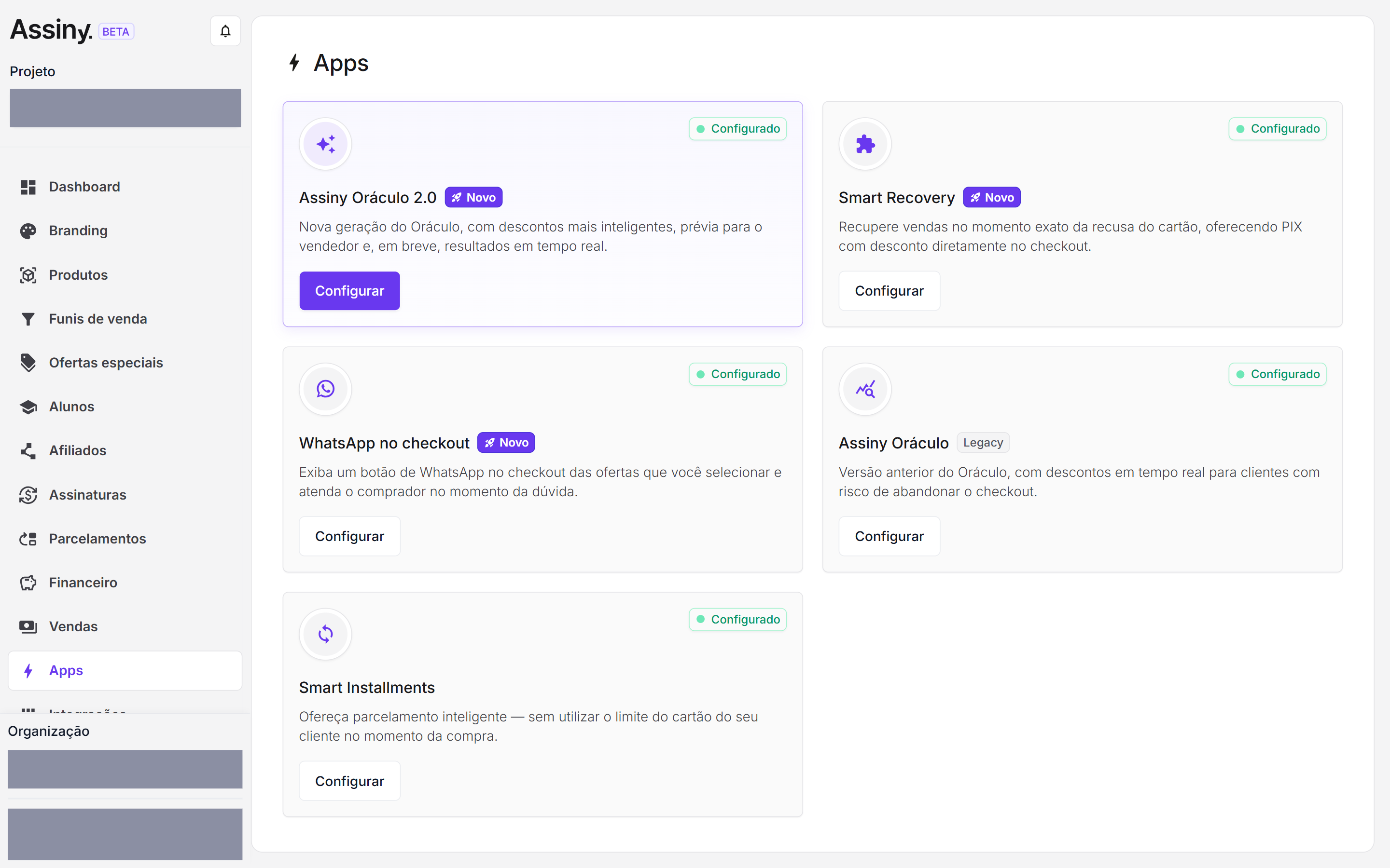 Tela de Apps com os cinco cards: Assiny Oráculo 2.0 e Smart Recovery com o selo Novo, WhatsApp no checkout com o selo Novo, Assiny Oráculo com o selo Legacy e Smart Installments sem selo