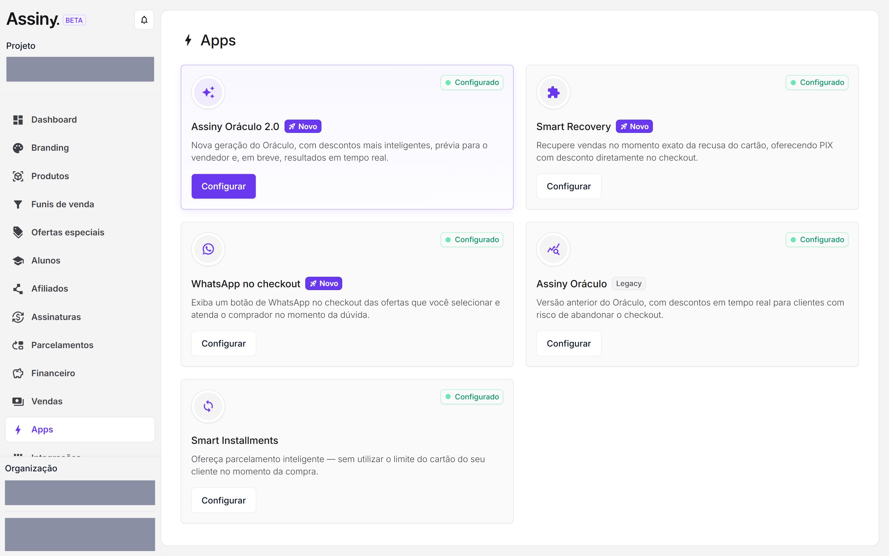 Tela de Apps com os cinco cards: Assiny Oráculo 2.0 e Smart Recovery com o selo Novo, WhatsApp no checkout com o selo Novo, Assiny Oráculo com o selo Legacy e Smart Installments sem selo