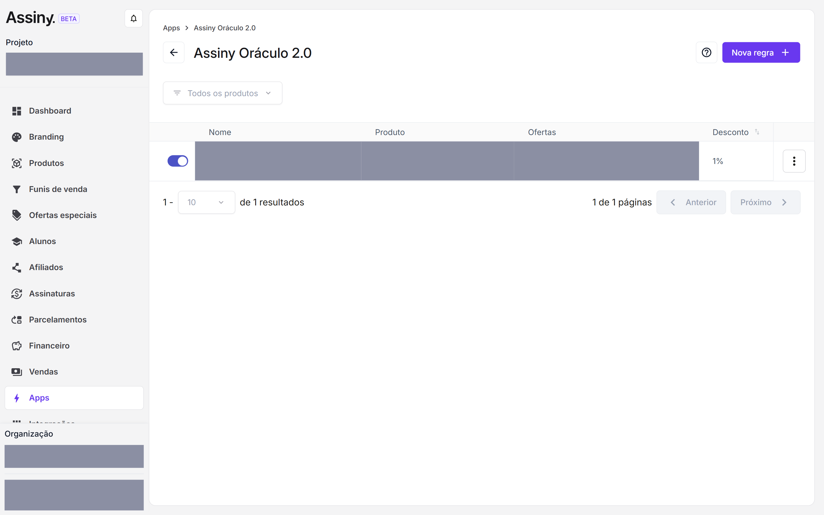 Lista de regras do Assiny Oráculo 2.0 com as colunas Nome, Produto, Ofertas e Desconto