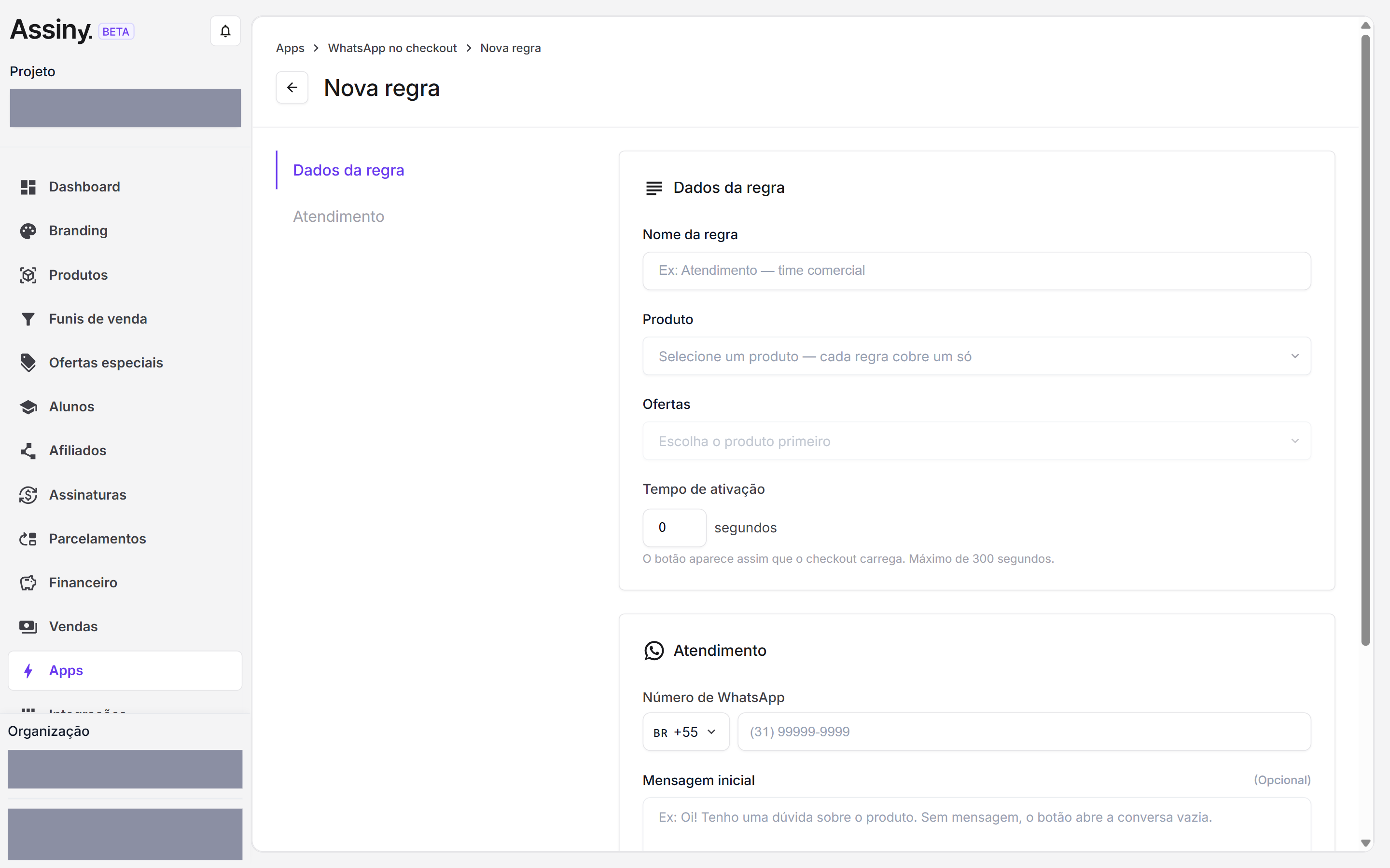 Formulário Nova regra do WhatsApp no checkout, com Nome da regra, Produto, Ofertas e Tempo de ativação, e o bloco Atendimento abaixo com Número de WhatsApp e Mensagem inicial