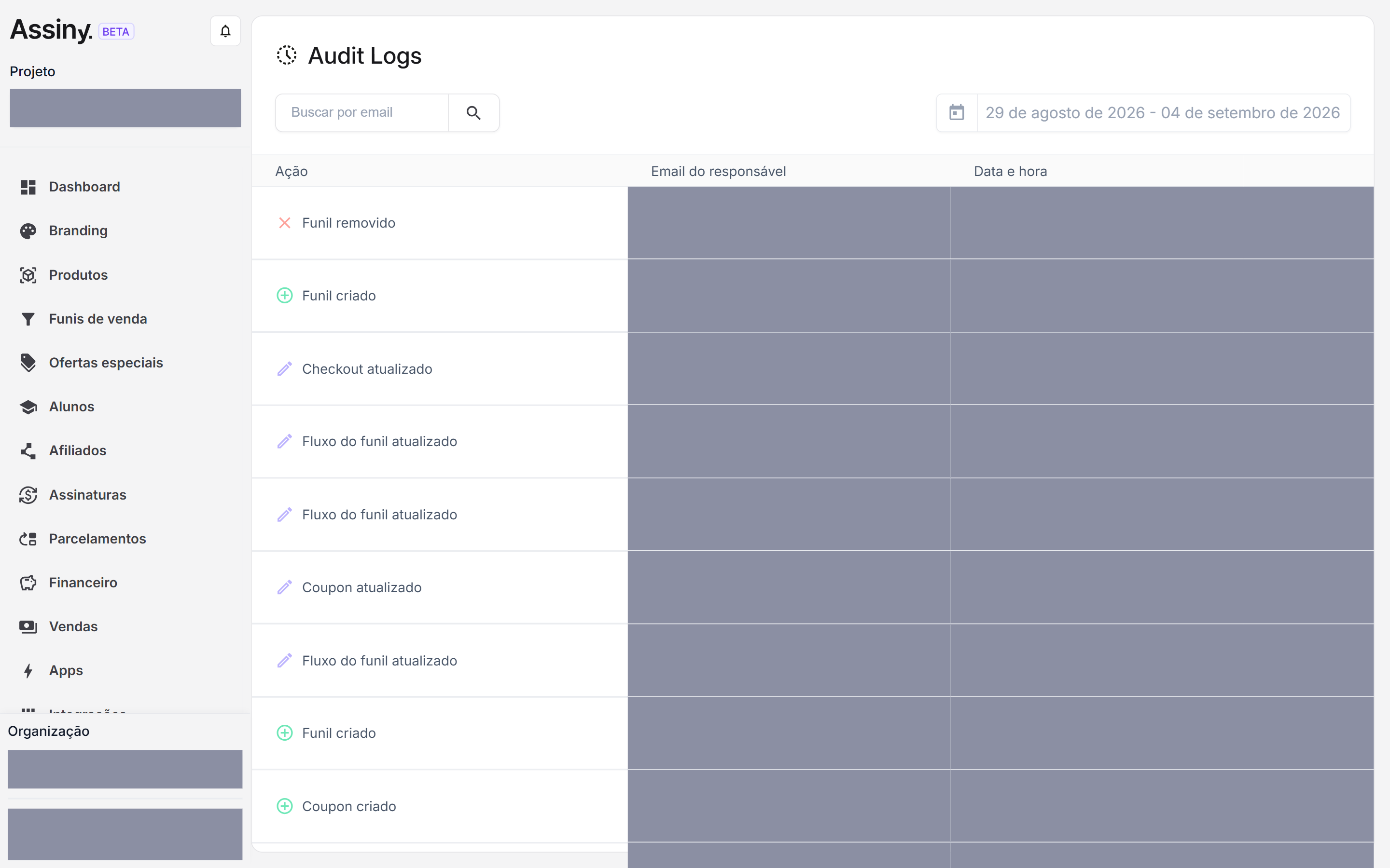 Tela Audit Logs da Assiny, com campo de busca por e-mail, seletor de período e uma tabela cujas linhas trazem ações como Funil criado, Funil removido, Checkout atualizado e Coupon atualizado