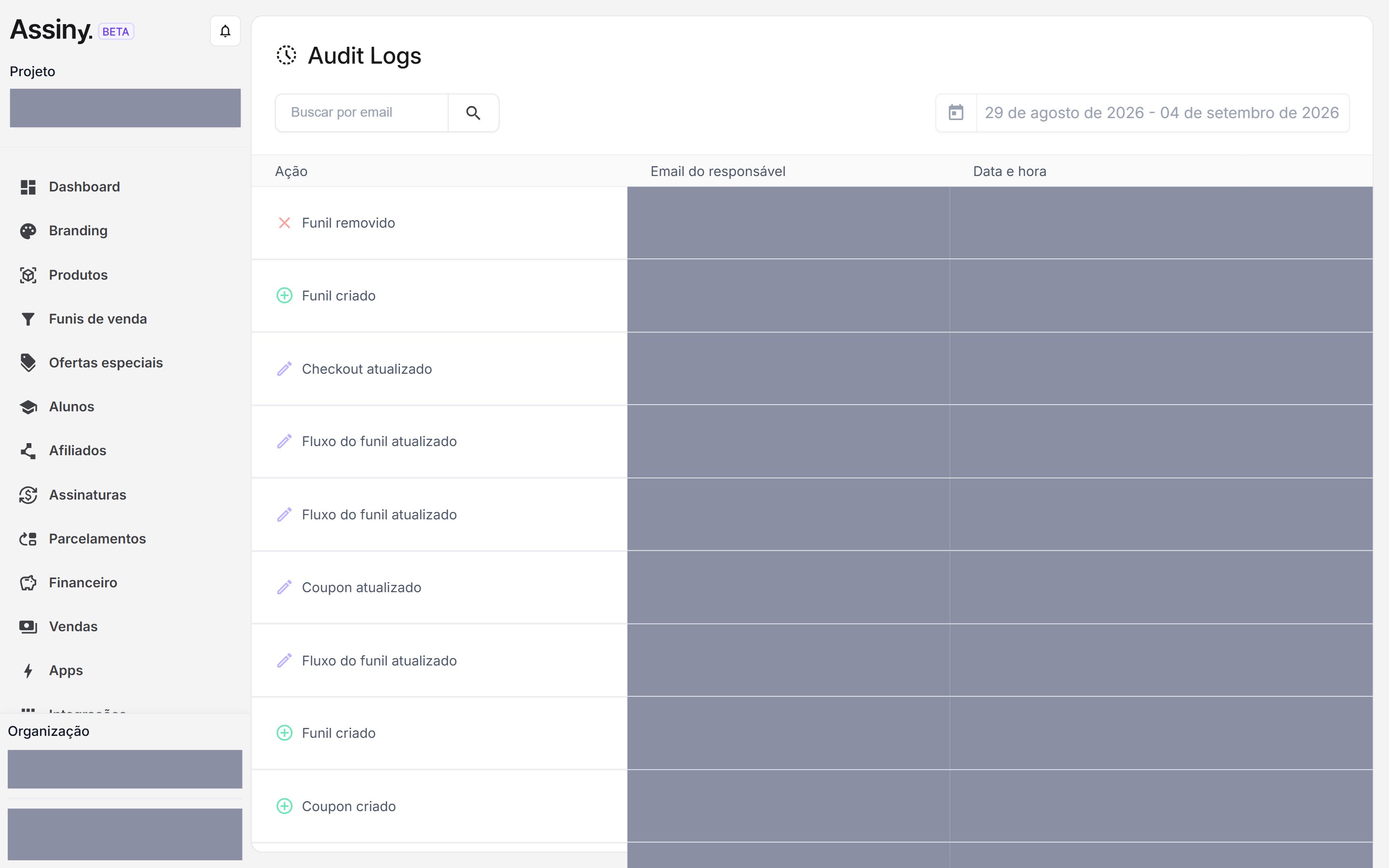 Tela Audit Logs da Assiny, com campo de busca por e-mail, seletor de período e uma tabela cujas linhas trazem ações como Funil criado, Funil removido, Checkout atualizado e Coupon atualizado
