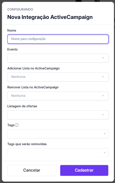 Formulário de configuração da ActiveCampaign por funil com evento, listas, ofertas e tags