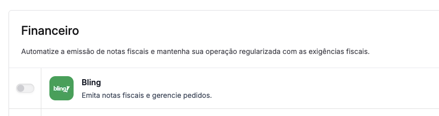 Card da integração Bling na seção financeiro da página de integrações