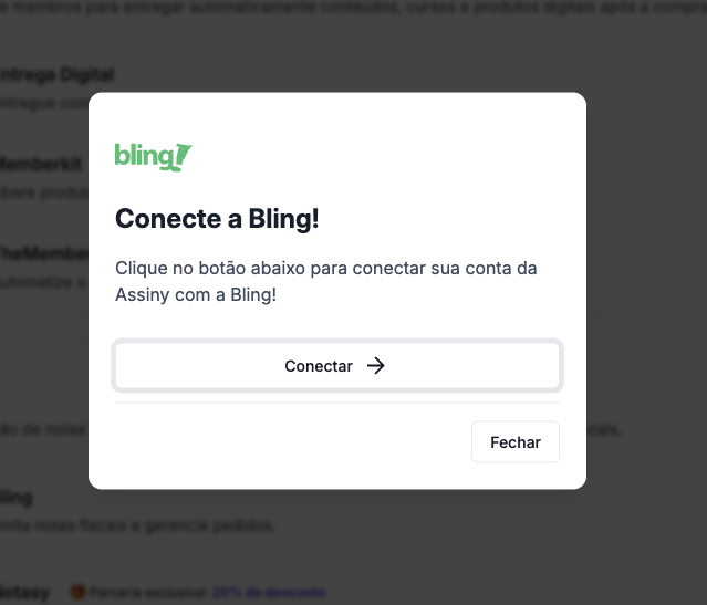 Pop-up de configuração da integração Bling com o botão de conectar