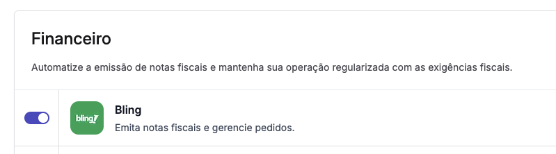 Tela de integrações da Assiny com a integração Bling ativa