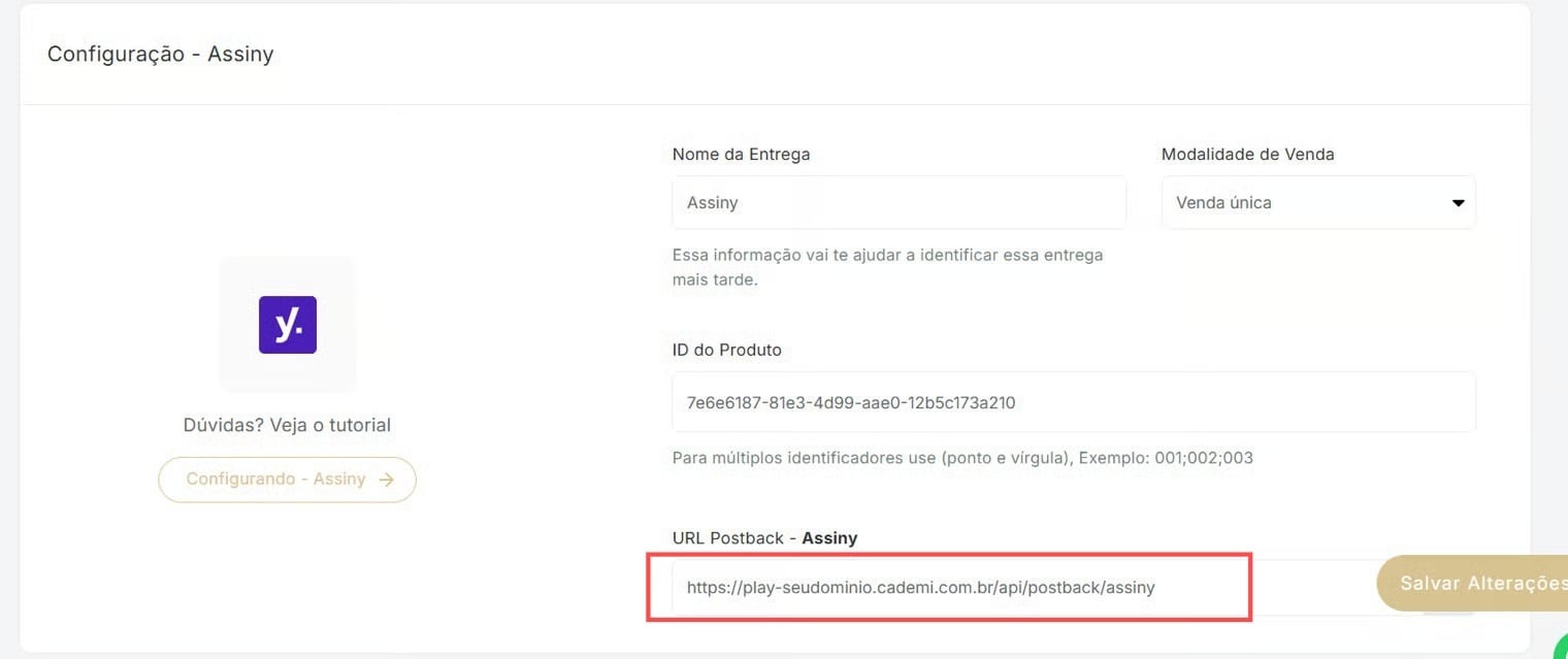 Tela de configuração de entrega da Cademí com o campo URL Postback - Assiny