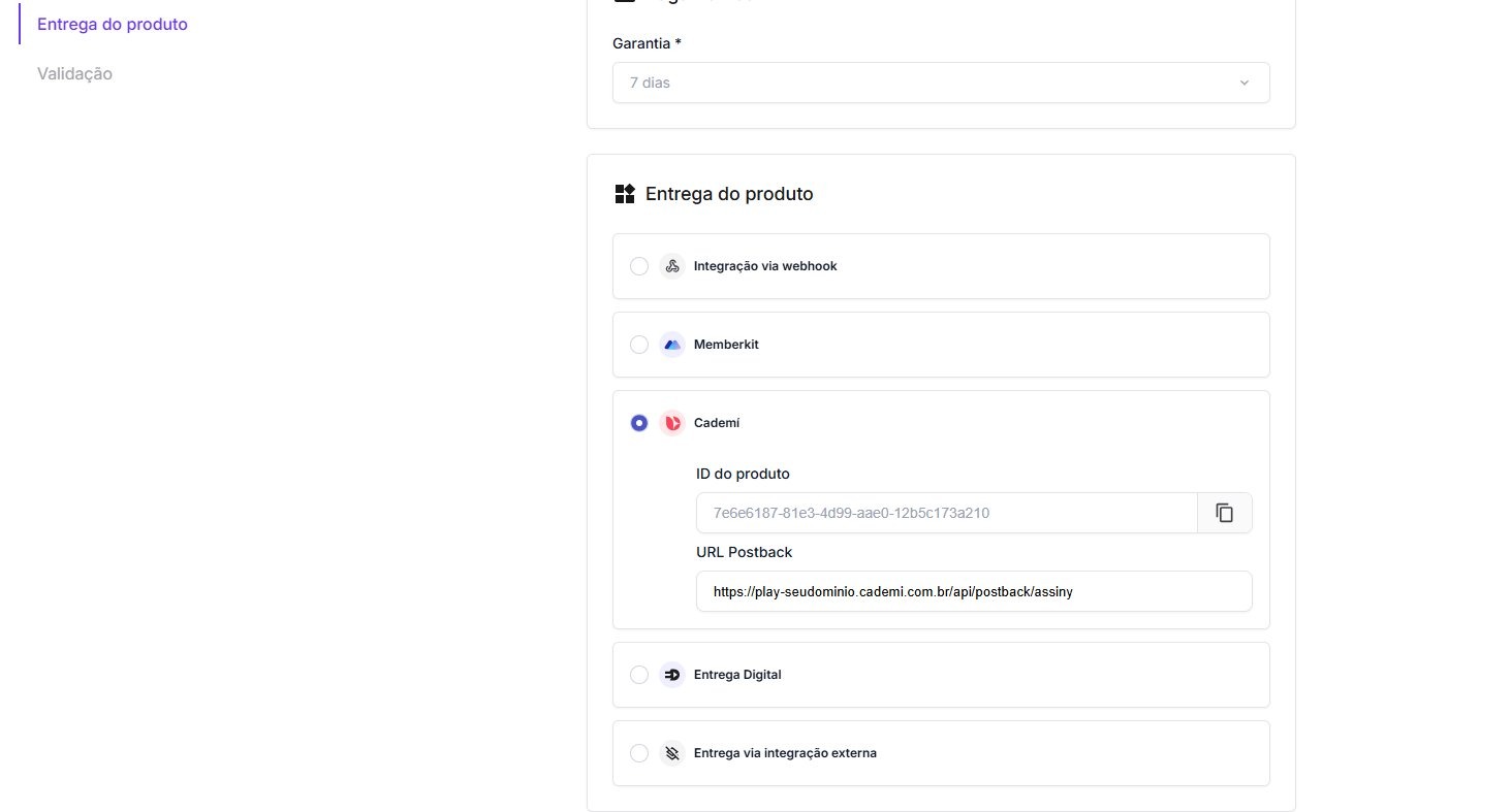 Bloco Entrega do produto, na aba Configurações do produto na Assiny, com os campos ID do produto e URL Postback