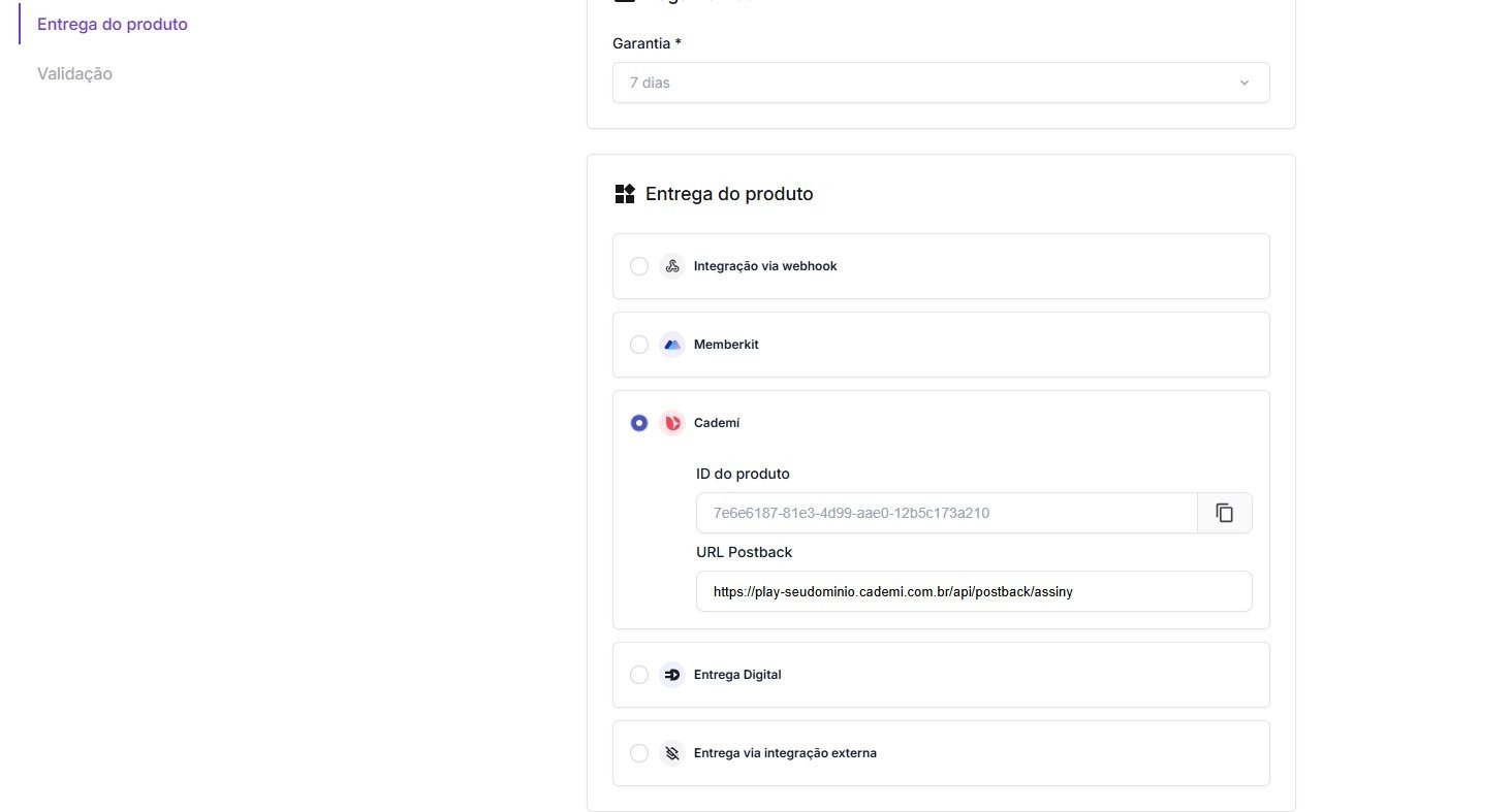 Bloco Entrega do produto, na aba Configurações do produto na Assiny, com os campos ID do produto e URL Postback