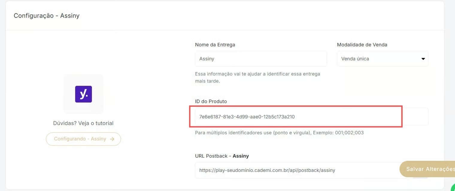 Tela da Cademí com o campo ID do Produto preenchido
