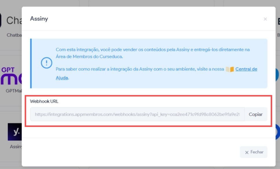 Tela de integrações do Grupo de acesso na Curseduca exibindo a URL do Webhook