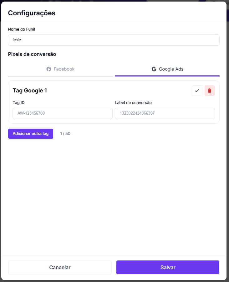 Configurações do funil na Assiny com os campos de ID da Conversão e Rótulo de Conversão