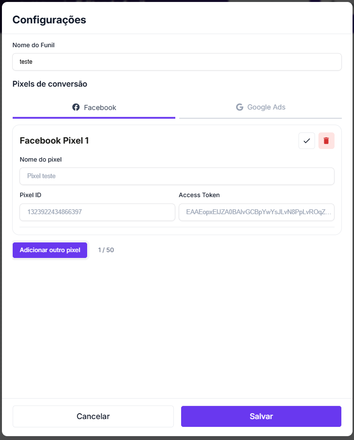 Configurações do funil na Assiny com os campos de ID do Pixel e Token de Acesso