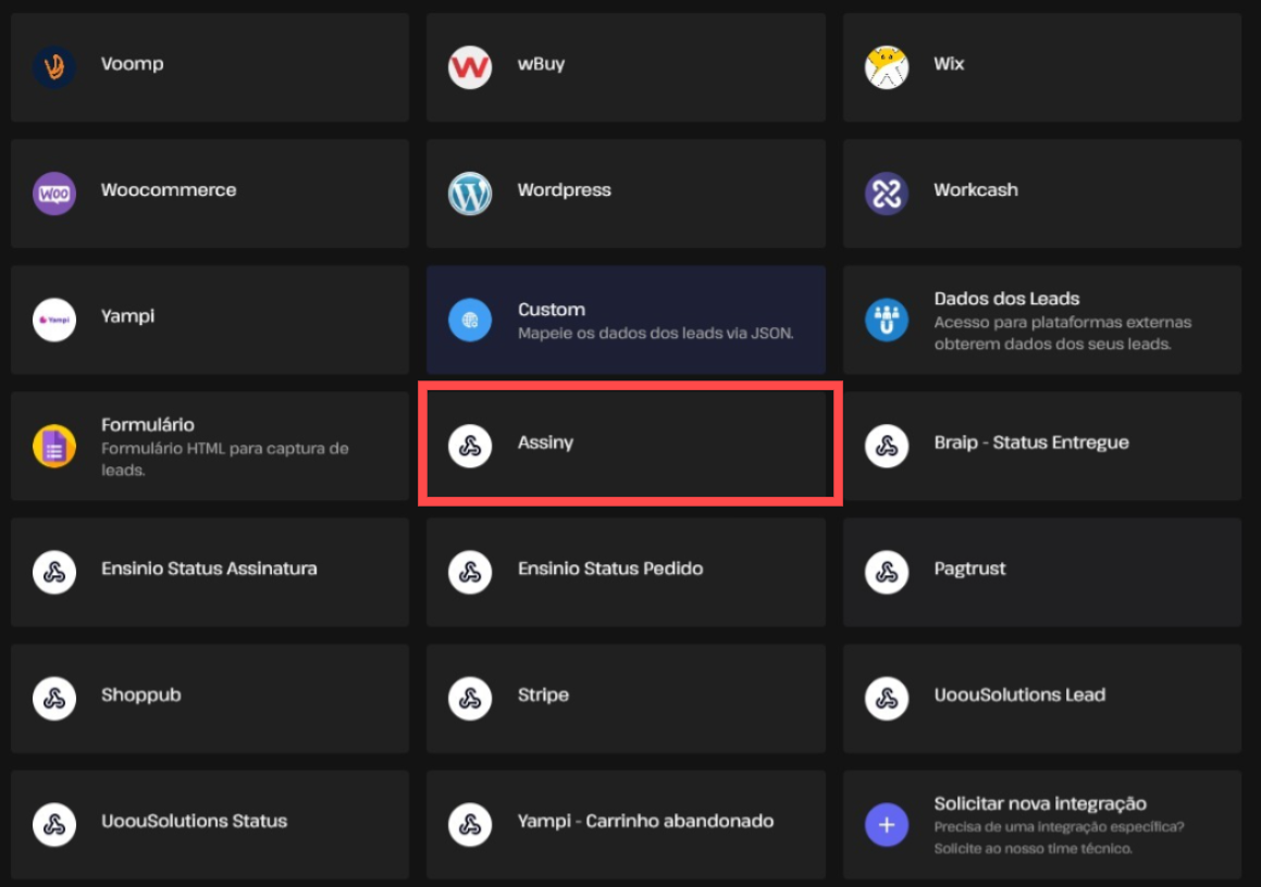 Tela de configurações gerais da integração Assiny na SellFlux