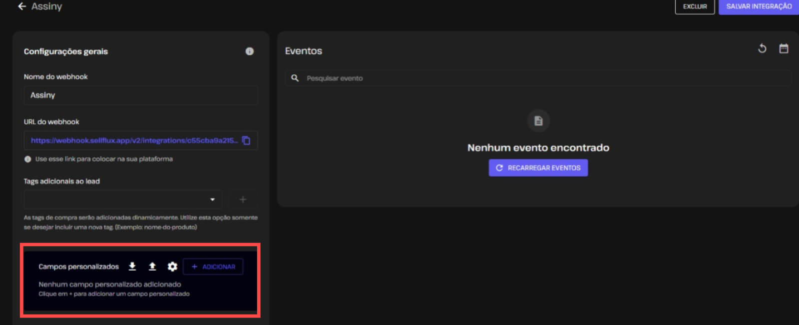 Seção Campos personalizados da SellFlux com o ícone de Importar em destaque