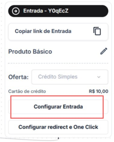 Card da oferta de entrada no editor do funil, com o botão Configurar Entrada destacado