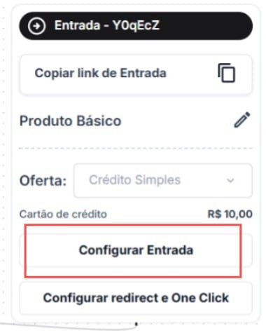 Card da oferta de entrada no editor do funil, com o botão Configurar Entrada destacado
