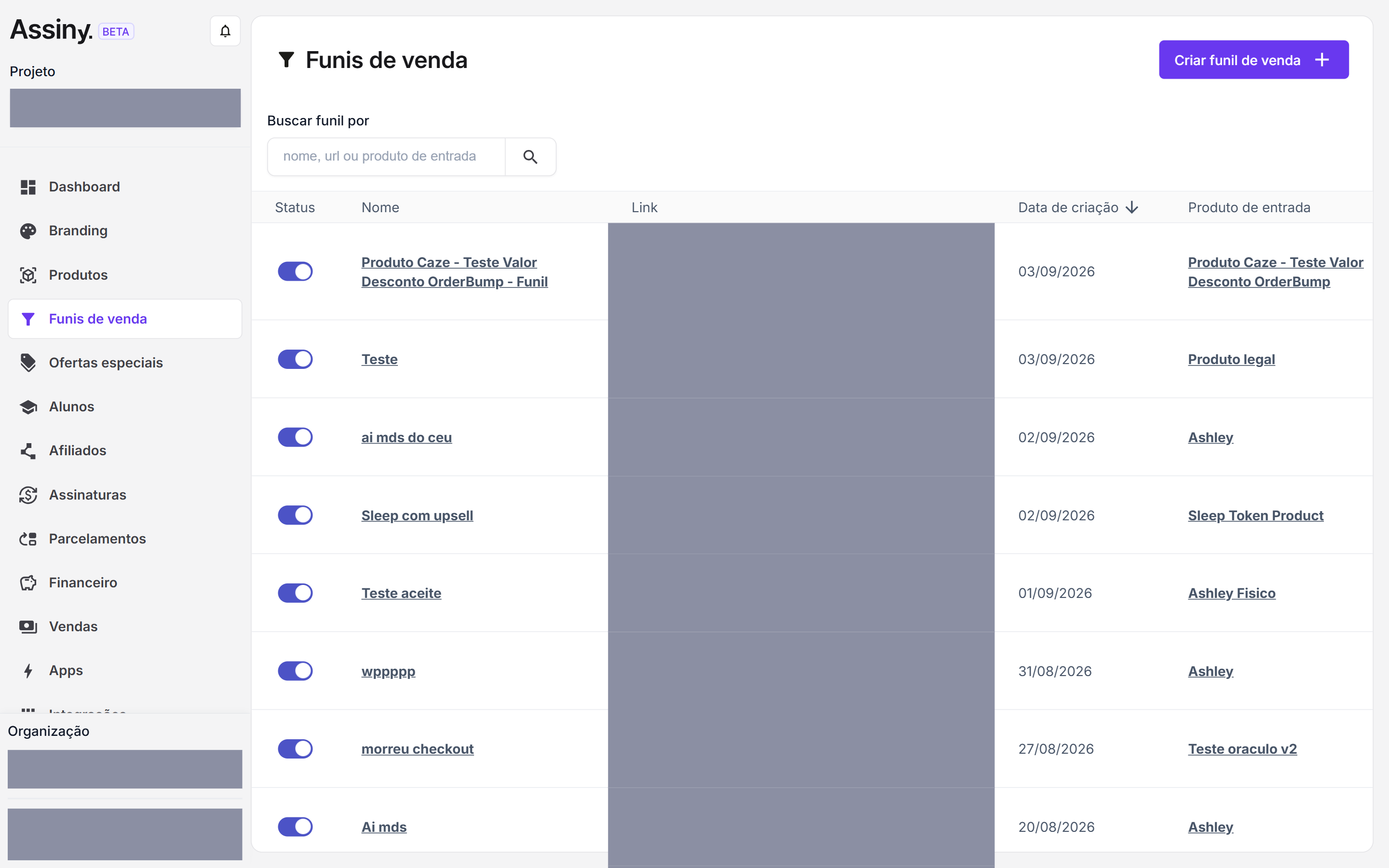 Lista de funis de venda com os links de checkout